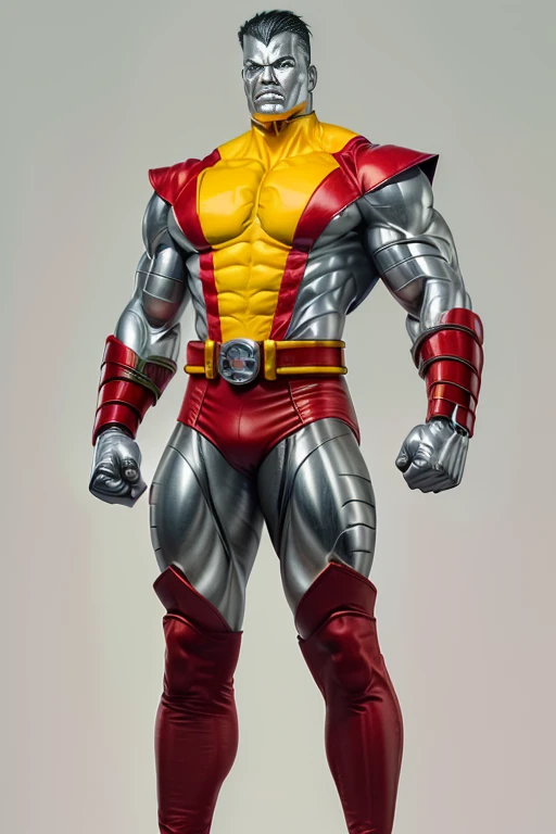 (masterpiece, best quality:1.2), (1man realistic, solo), (realistic colossus (x-men)), (((face colosus steel metal texture skin))), ((head metal steel)), (((no face texture human skin))), body steel skin, ((uniform colossus red and yellow)), red breeches, (red boots and gauntleds), (standing), plain gray background, masterpiece, HD high quality, 8K ultra high definition, ultra definition,