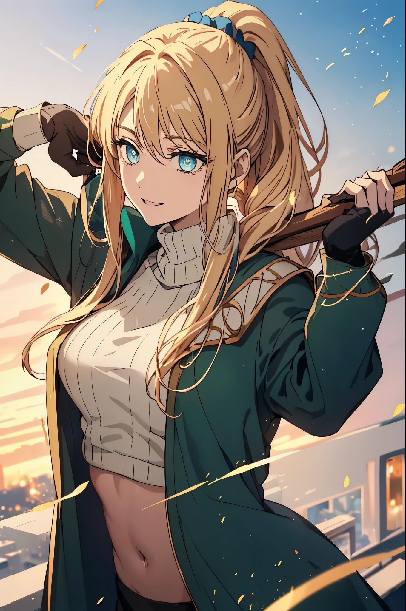 ponytail（1.2）、(((ponytail)))、long hair, green eyes, hair between eyes,blue-green coat, fur trim cape, gloves,belly button,crop top, sweater, turtleneck, midi skirt hair ornament, bangs, blonde hair,white room、white snow day、destroy the bedroom (masterpiece:1.2), highest quality, High resolution, unity 8k wallpaper, (shape:0.8), (fine and beautiful eyes:1.6), highly detailed face, perfect lighting, Very detailed CG, (perfect hands, perfect anatomy)、yoga poses、warm look、blush、dancer、smile、smile、show your teeth、open your mouth、(((Nice views)))、Skyscapes inspired by artists（1.2）