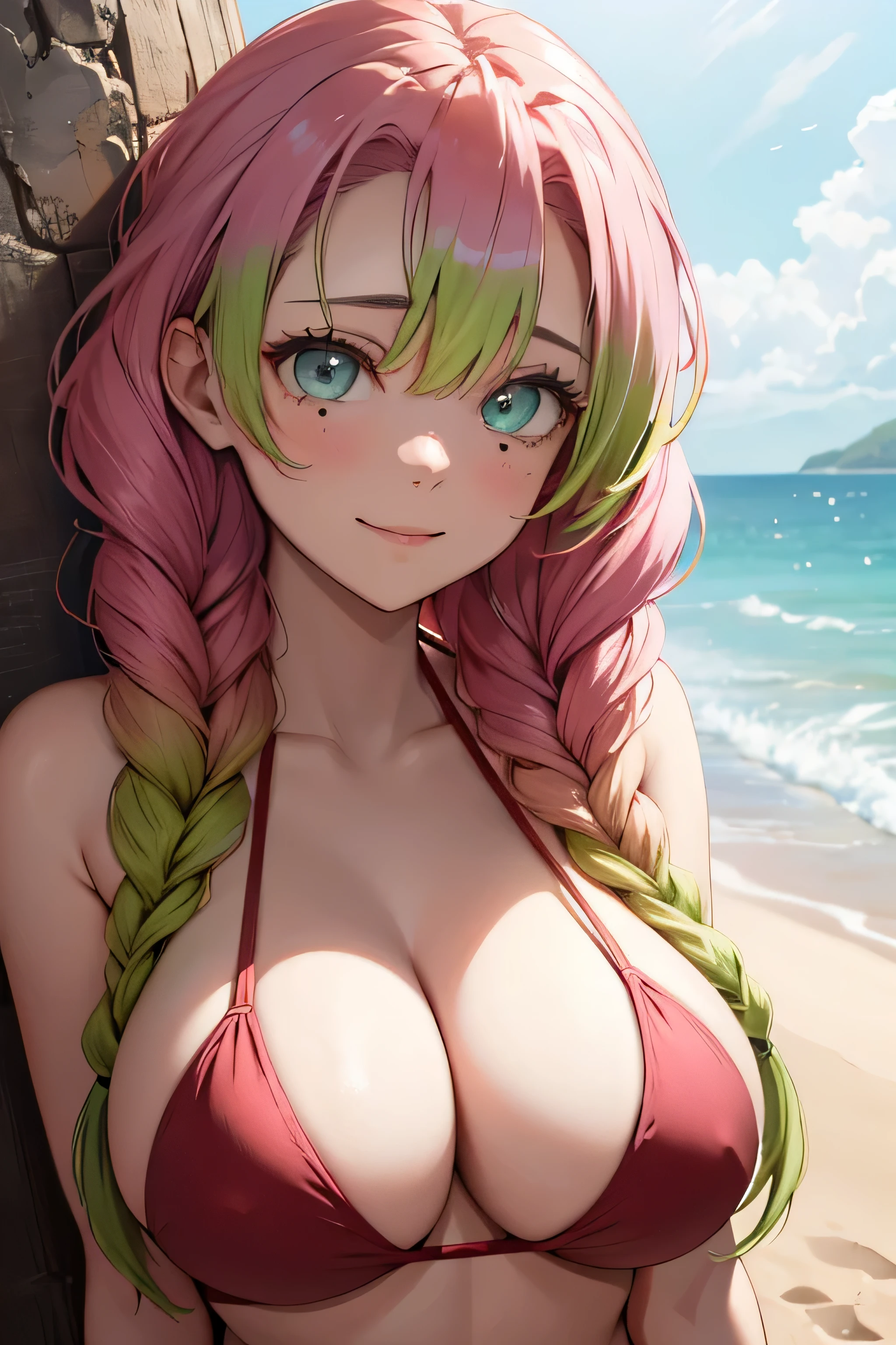 absurdres, high res, ultrasharp, 8K, {masterpiece}, expressive eyes, extremely detailed, best quality, perfect face, aamitsuri,(mole under eye:0.8),multicolored hair,long hair,twin braids,bangs,cleavage, pleased, large breasts, beach, bikini,