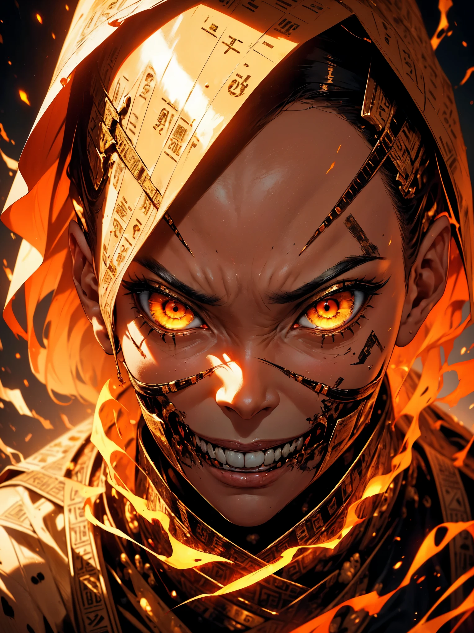 "(best quality,highres),close-up of a mummy's face,covered in bandages with golden hieroglyphics,(detailed:1.1),(vivid and intense colors:1.1),(realistic:1.1) graphic art style,terrifying,eye sockets with glowing golden eyes,detailed wrinkles, dark circles under the eyes"