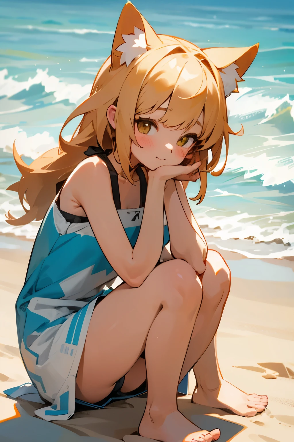 One cute girl, all by herself, basks in the sun at the beach. Her ears adorned with playful cat ear accessories add an extra touch of adorability. High-resolution captures every detail of her solo beach day, from the sand between her toes to the waves gently lapping at the shore.