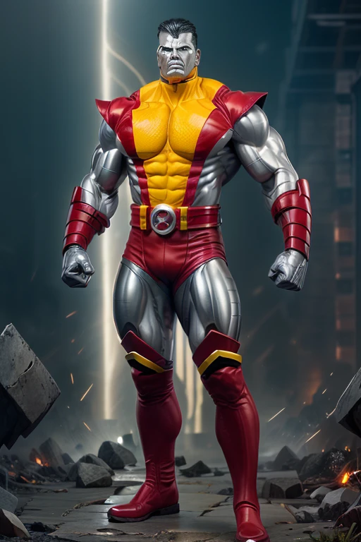 (masterpiece, best quality:1.2), (1man realistic, solo), (realistic colossus (x-men)), (((face colosus steel metal texture skin))), ((head metal steel)), (((no face texture human skin))), body steel skin, ((uniform colossus red and yellow)), red breeches, (red boots and gauntleds), (standing), plain gray background, masterpiece, HD high quality, 8K ultra high definition, ultra definition,