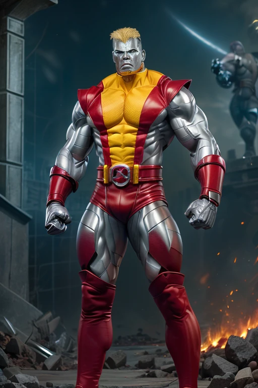 (masterpiece, best quality:1.2), (1man realistic, solo), (realistic colossus (x-men)), (((face colosus steel metal texture skin))), ((head metal steel)), (((no face texture human skin))), body steel skin, ((uniform colossus red and yellow)), red breeches, (red boots and gauntleds), (standing), plain gray background, masterpiece, HD high quality, 8K ultra high definition, ultra definition,