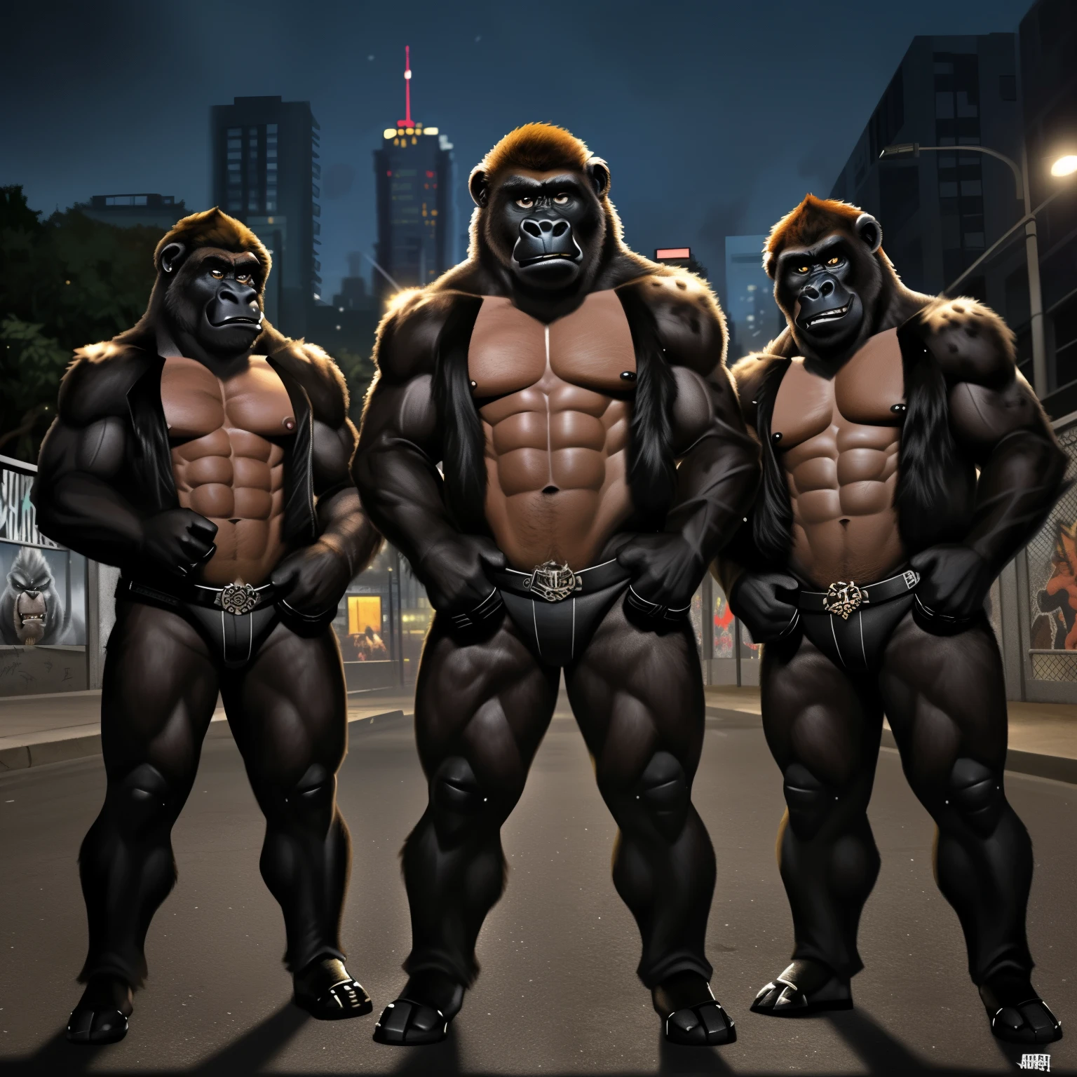 (Gorillas, punk gorillas, full body, muscular, idling in a menacing pose, realistic, trending on ArtStation, intricate, high detail, dramatic, expressive, masculine, night, urban jungle, graffiti, brown fur, detailed eyes, goofy grins, cartoonish, funny)

By ArtApeX, by SkullBones3000, by GorillazMaster:
A group of mischievous gorillas, known as the Gorilas Pandilleros, show off their muscular bodies in a full display of idling in a punk pose. Their fur is a mix of browns and grays,