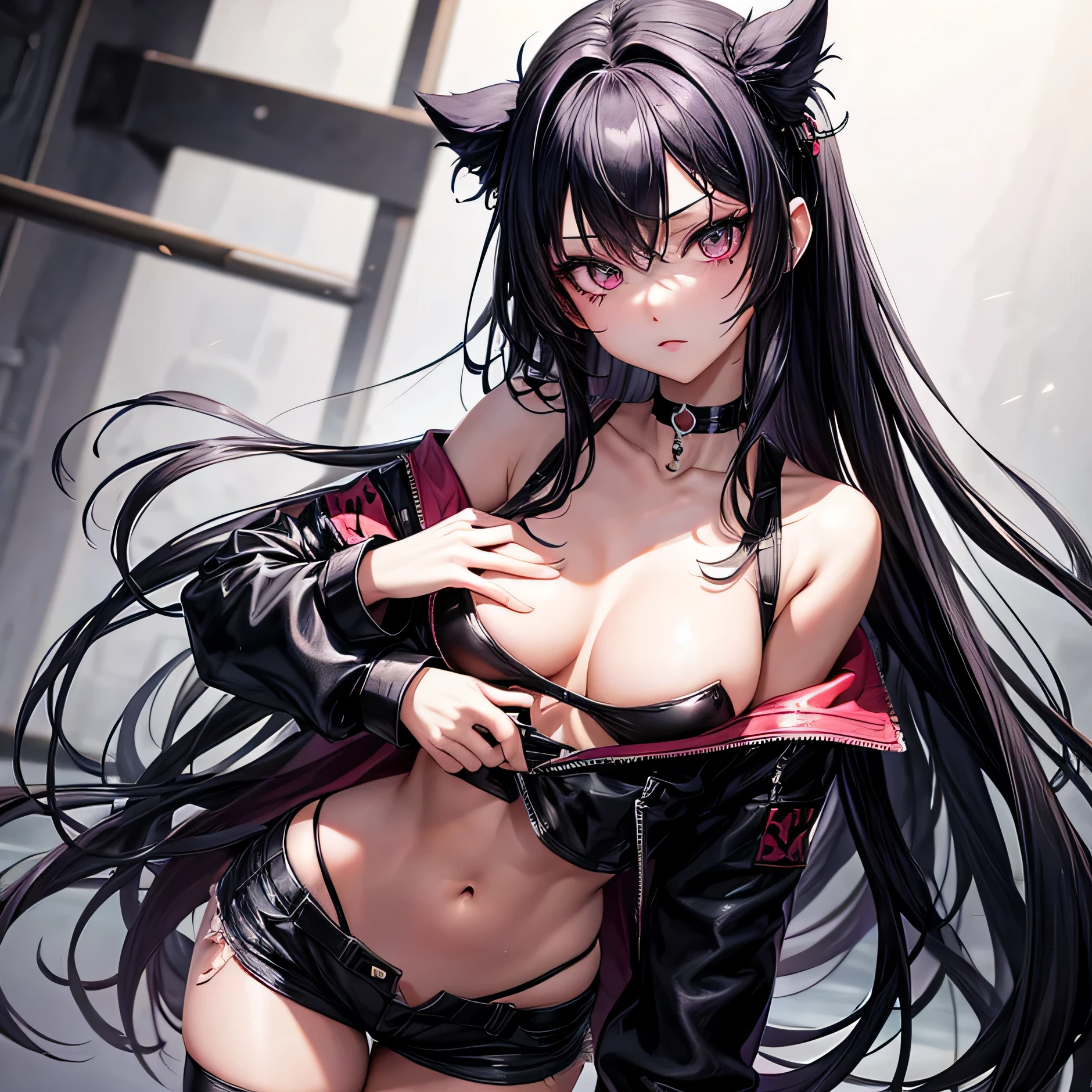Anime Goth Girl, Perfect body, Sexy, wearing thigh highs, no shirt, wearing short shorts, wearing a heart choker, long hair, hair down