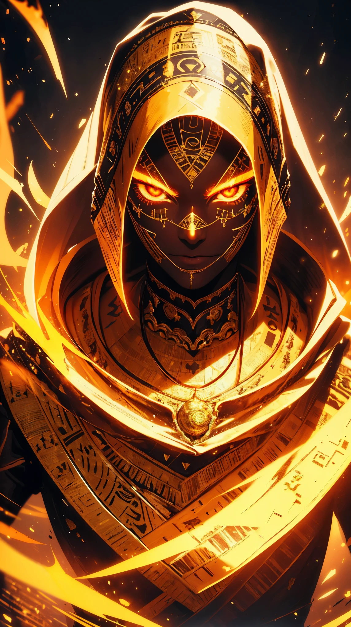 "(best quality,highres),close-up of a mummy's face,covered in bandages with golden hieroglyphics,(detailed:1.1),(vivid and intense colors:1.1),(realistic:1.1) graphic art style,terrifying,eye sockets with glowing golden eyes,detailed wrinkles, dark circles under the eyes"