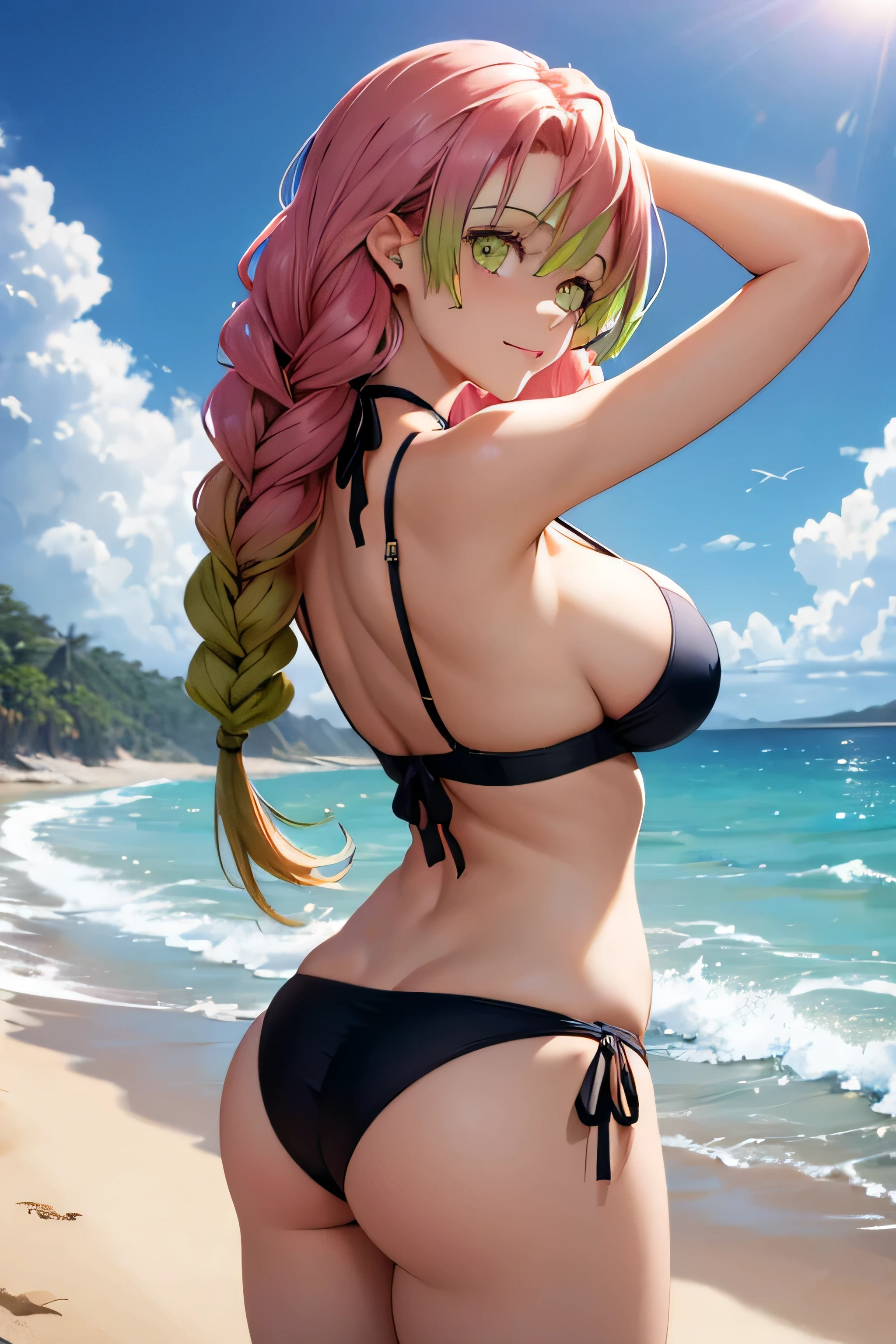 absurdres, high res, ultrasharp, 8K, {masterpiece}, expressive eyes, extremely detailed, best quality, perfect face, aamitsuri,(mole under eye:0.8),multicolored hair,long hair,twin braids,bangs,cleavage, pleased, large breasts, beach, bikini, showing the ass,