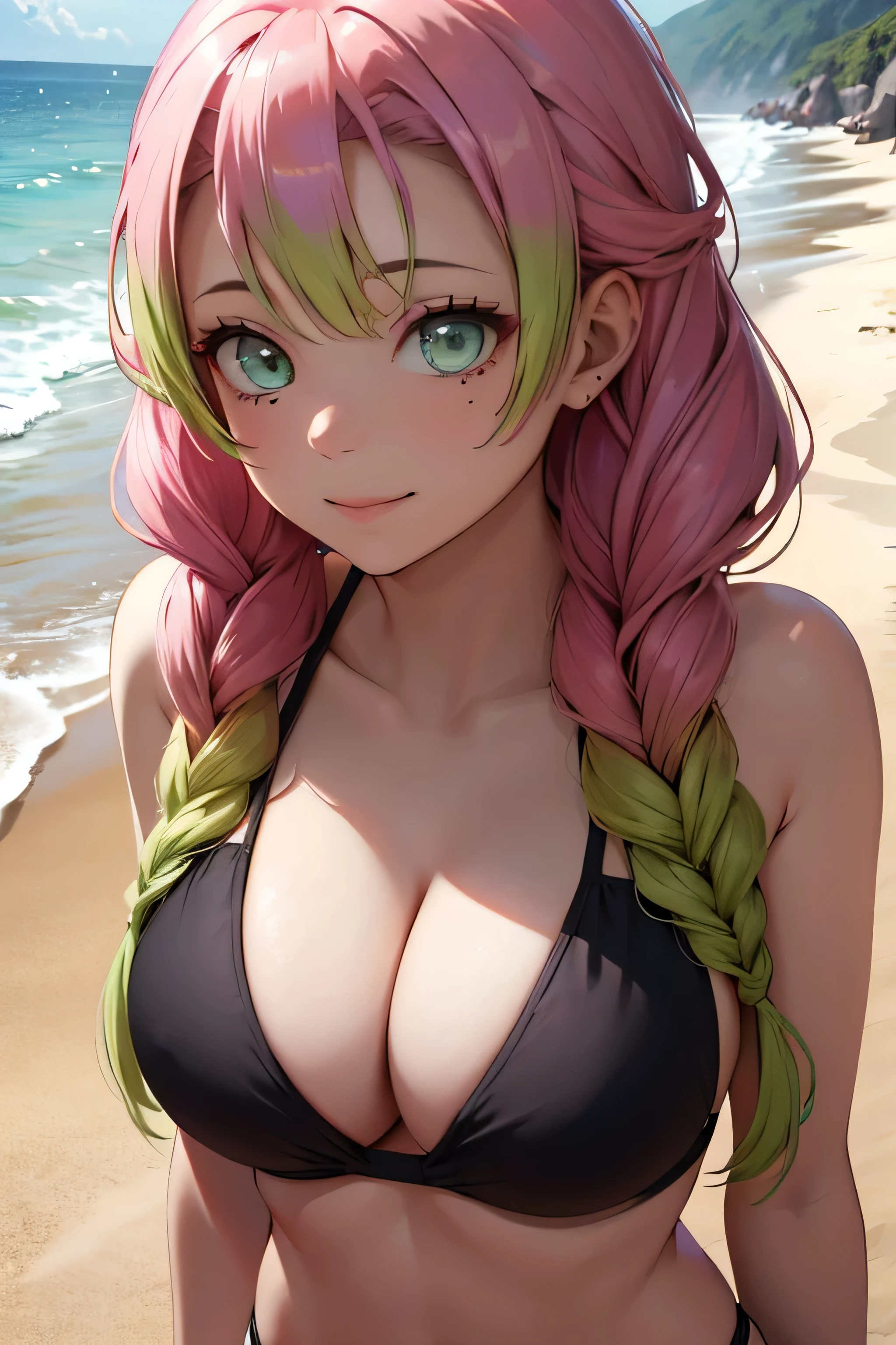 absurdres, high res, ultrasharp, 8K, {masterpiece}, expressive eyes, extremely detailed, best quality, perfect face, aamitsuri,(mole under eye:0.8),multicolored hair,long hair,twin braids,bangs,cleavage, pleased, large breasts, beach, bikini, standing, view from behind,