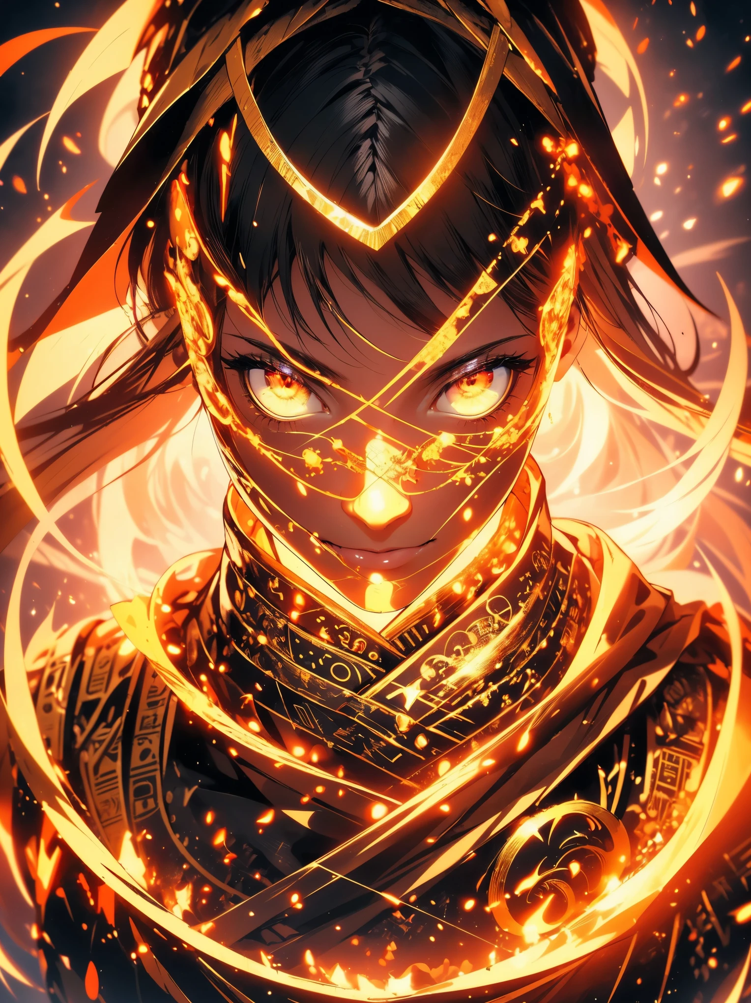 (best quality,highres,ultra-detailed:1.2),close-up of the face of a mummy,covered in bandages with golden hieroglyphics,detailed,golden and glowing eyes,vivid and intense colors,dark circles,realistic,graphic art,terror