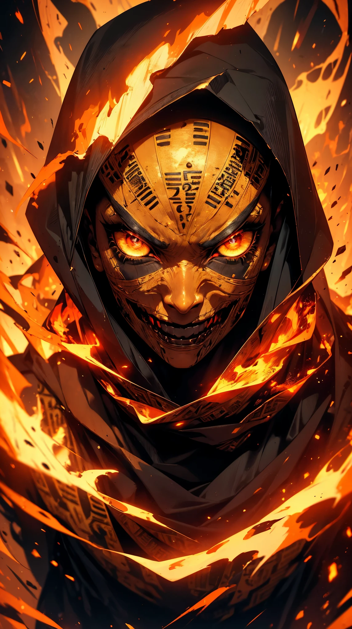 "(best quality,highres),close-up of a mummy's face,covered in bandages with golden hieroglyphics,(detailed:1.1),(vivid and intense colors:1.1),(realistic:1.1) graphic art style,terrifying,eye sockets with glowing golden eyes,detailed wrinkles, dark circles under the eyes"