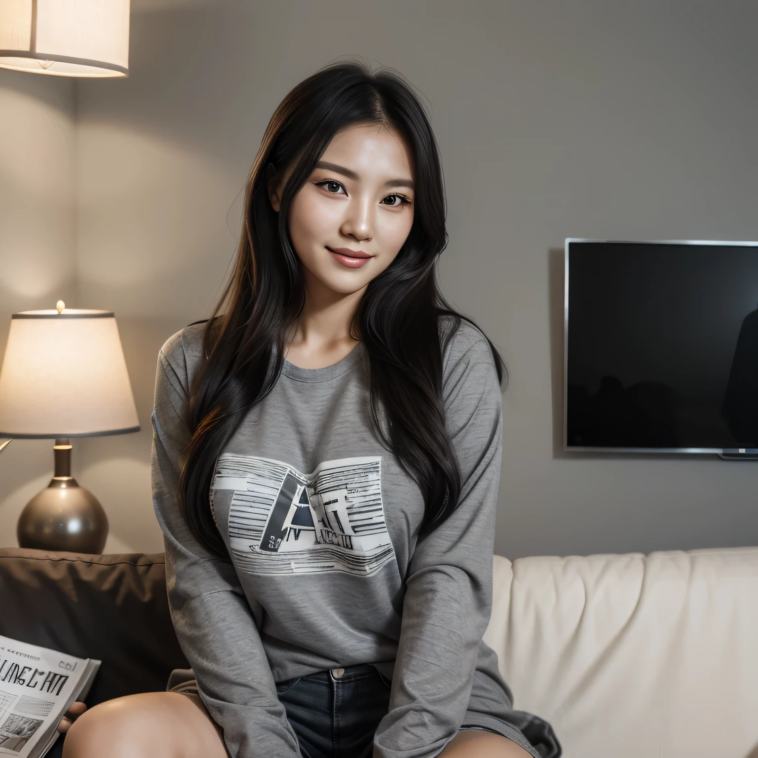 make a picture of a beautiful Korean woman, smiling, has long gray hair with a black ribbon in her hair, wearing a dark colored t-shirt and some text and graphics, on top of the t-shirt, she is wearing a gray jacket with dark lines on the sleeves, sitting on a black sofa next to a bedside lamp, the walls are gray and have paper attached to the wall, stacked boxes such as notes, newspapers, torn magazines, and dark colored wall hanging ornaments add to the aesthetic impression