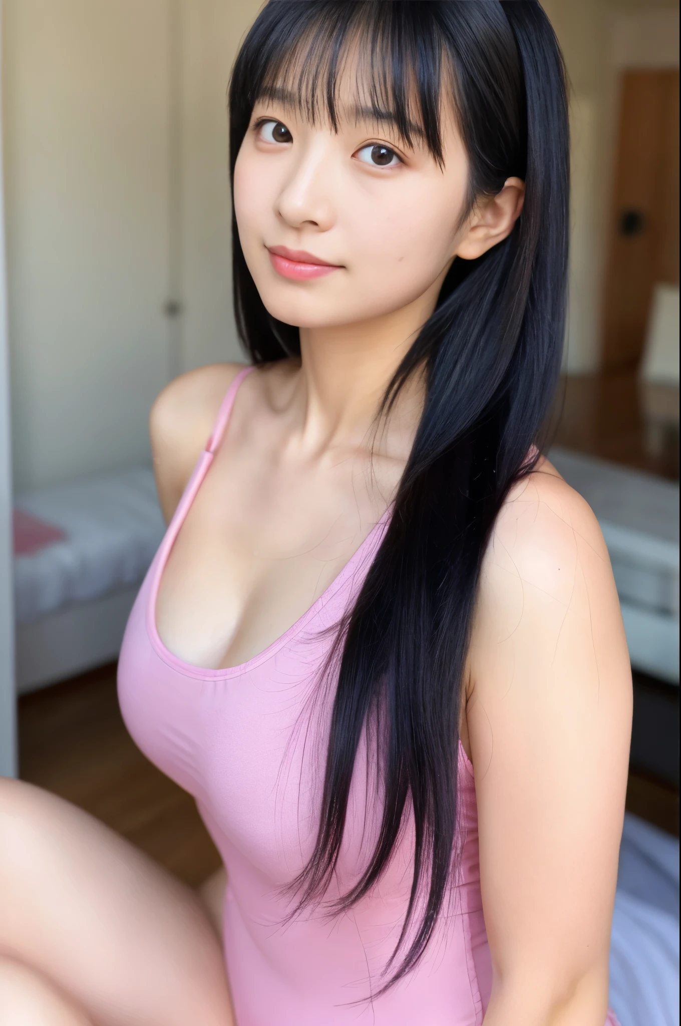 woman,one person,20th generation,black hair,long hair,beautiful,simple pink leotard,front,looking at the viewer,