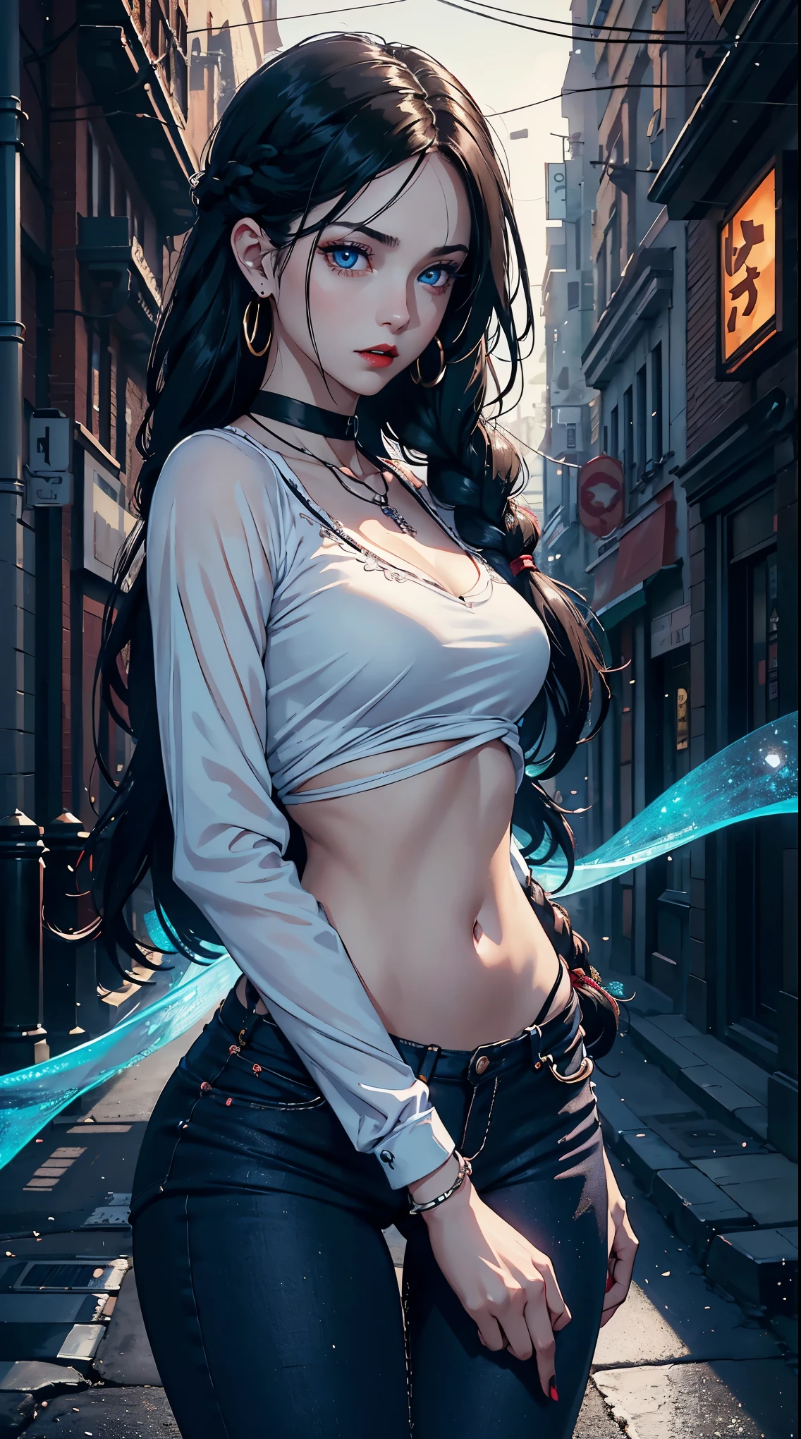 8k_wallpaper, extremely detailed eyes, extremely detailed body, (large masterpiece digital art), (detailed manga illustration), (detailed line art), ((perfect anatomy)), (intricate details:1.3), (ultra-detailed:1.3), (illustration:1.3), (sharp focus:1.3), (natural lighting:1.05), (vivid colors:1.3), (masterpiece), best quality, expressive eyes, perfect face, 1 girl, breasts, cleavage, gloves, huge breasts, casual clothes, white shirt, tee shirt, denim jacket, jacket, fur trim, detailed {{blue hair}}, medium hair, messy hair, (gray eyes), hourglass physique, black short, denim shorts, dynamic pose, huge ass, dynamic lighting,