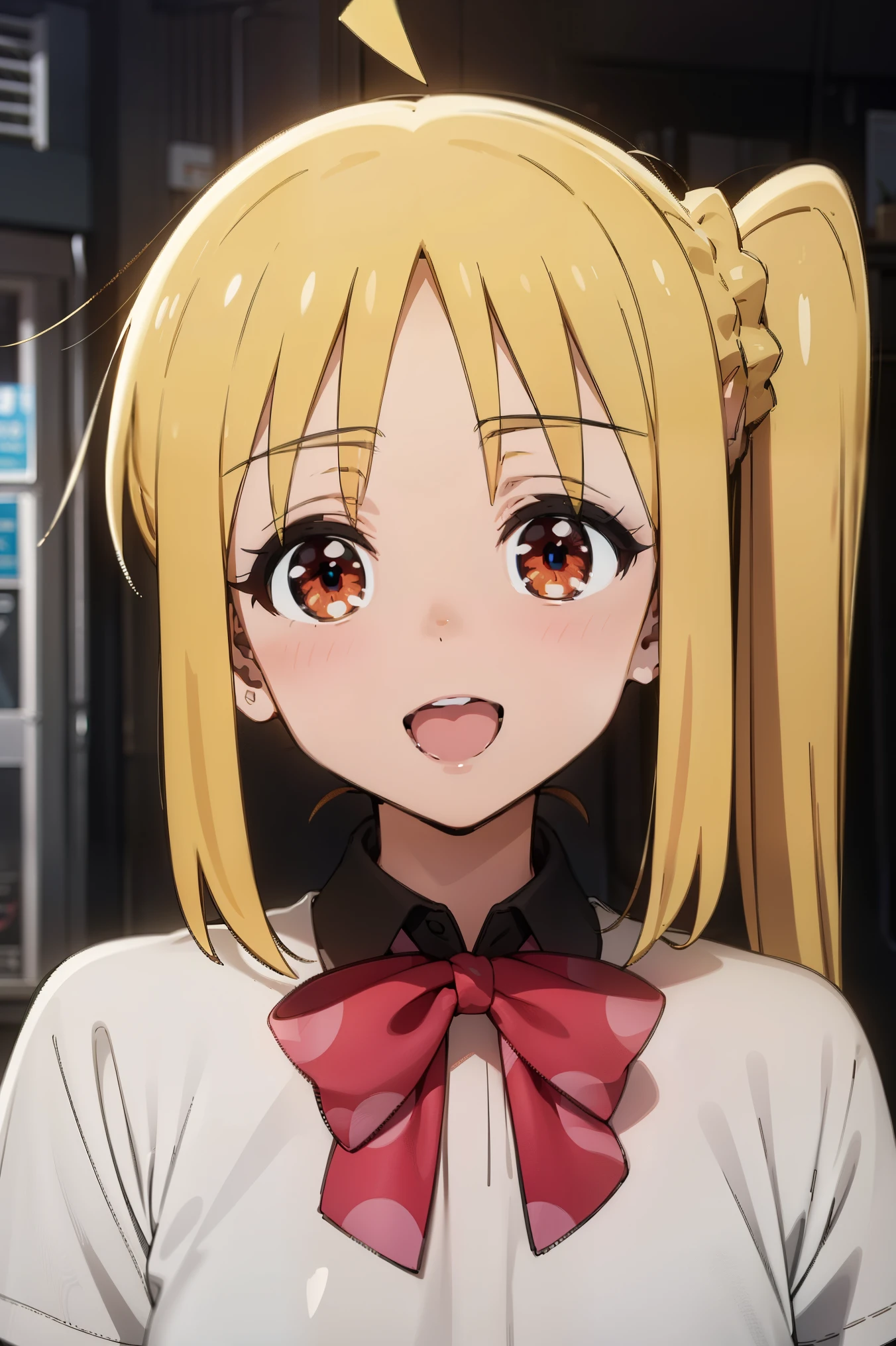 score_7_up, source_anime,1girl, Eft_Bocchi_Yellow, ijichi nijika, 1girl, solo, blonde hair, side ponytail,long hair, ahoge, shirt, bow, red eyes,
BREAK (bow, Red_bow,collaRed_shirt,shirt, white_shirt:1.2)
BREAK smile, looking at viewer, open mouth,  :d, upper body,
BREAK Class Room
BREAK (masterpiece:1.2), best quality, high resolution, unity 8k wallpaper,NSFW ,(illustration:0.8), (beautiful detailed eyes:1.6), extremely detailed face, perfect lighting, extremely detailed CG, (perfect hands, perfect anatomy),