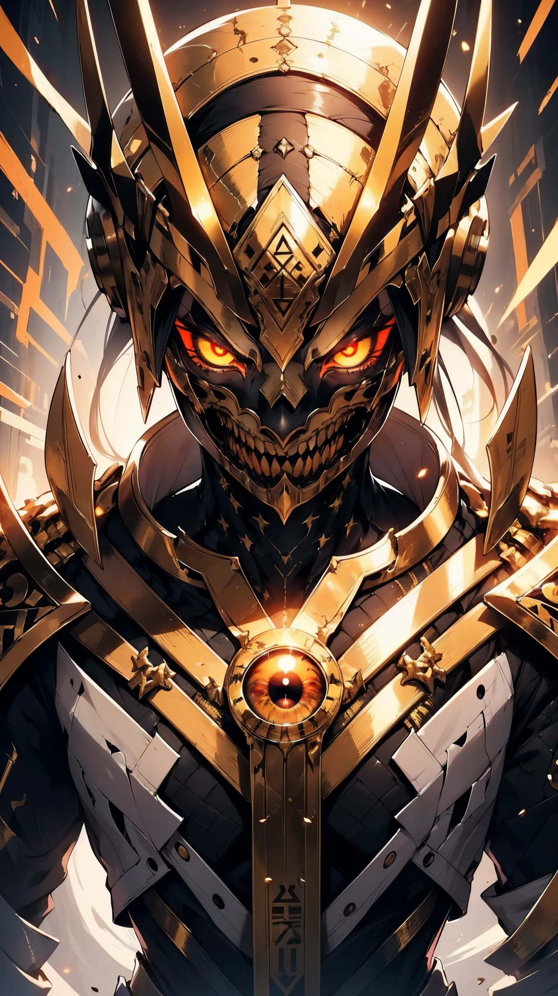 "(best quality,highres),close-up of a mummy's face,covered in bandages with golden hieroglyphics,(detailed:1.1),(vivid and intense colors:1.1),(realistic:1.1) graphic art style,terrifying,eye sockets with glowing golden eyes,detailed wrinkles, dark circles under the eyes"