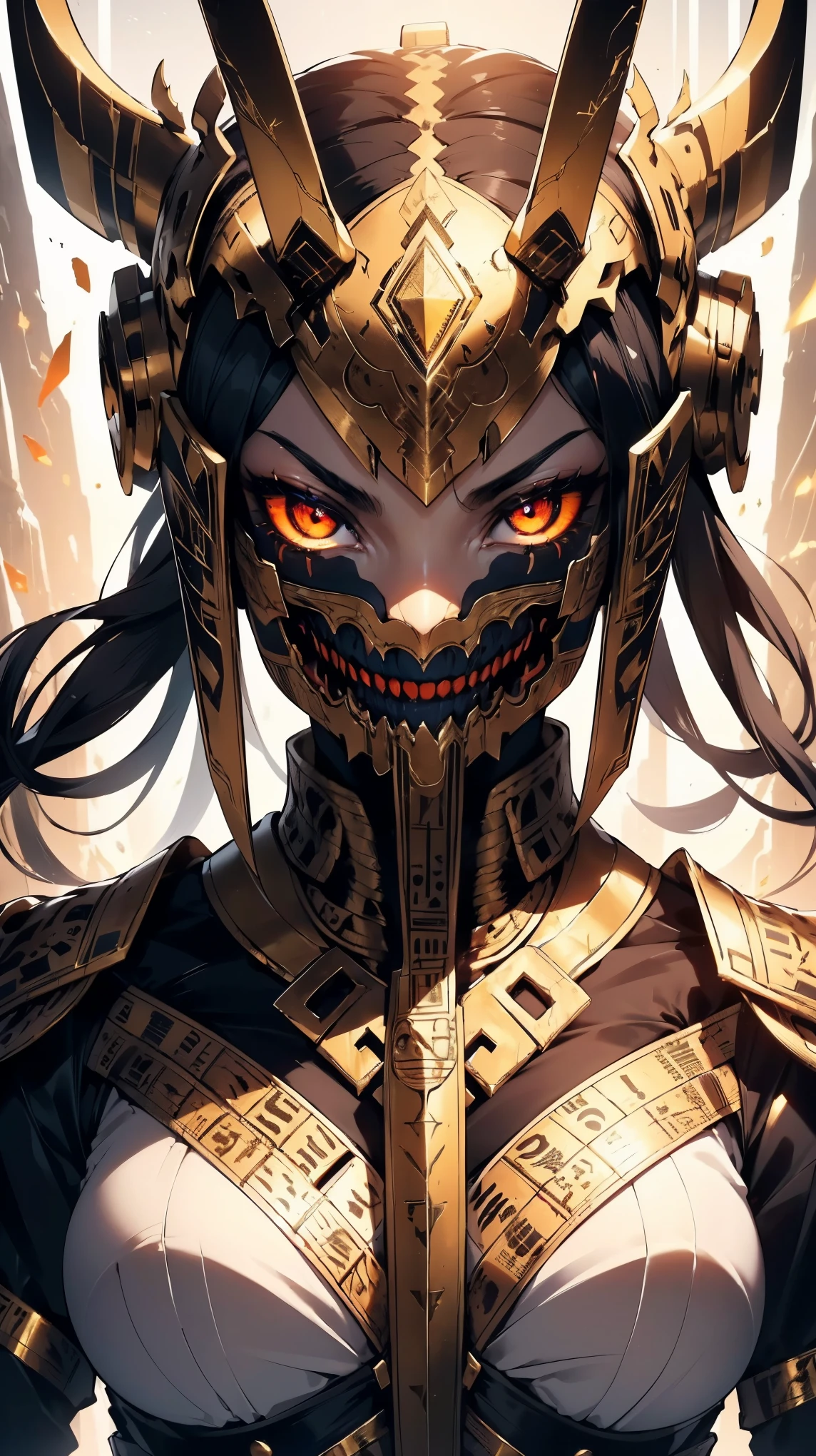 "(best quality,highres),close-up of a mummy's face,covered in bandages with golden hieroglyphics,(detailed:1.1),(vivid and intense colors:1.1),(realistic:1.1) graphic art style,terrifying,eye sockets with glowing golden eyes,detailed wrinkles, dark circles under the eyes"