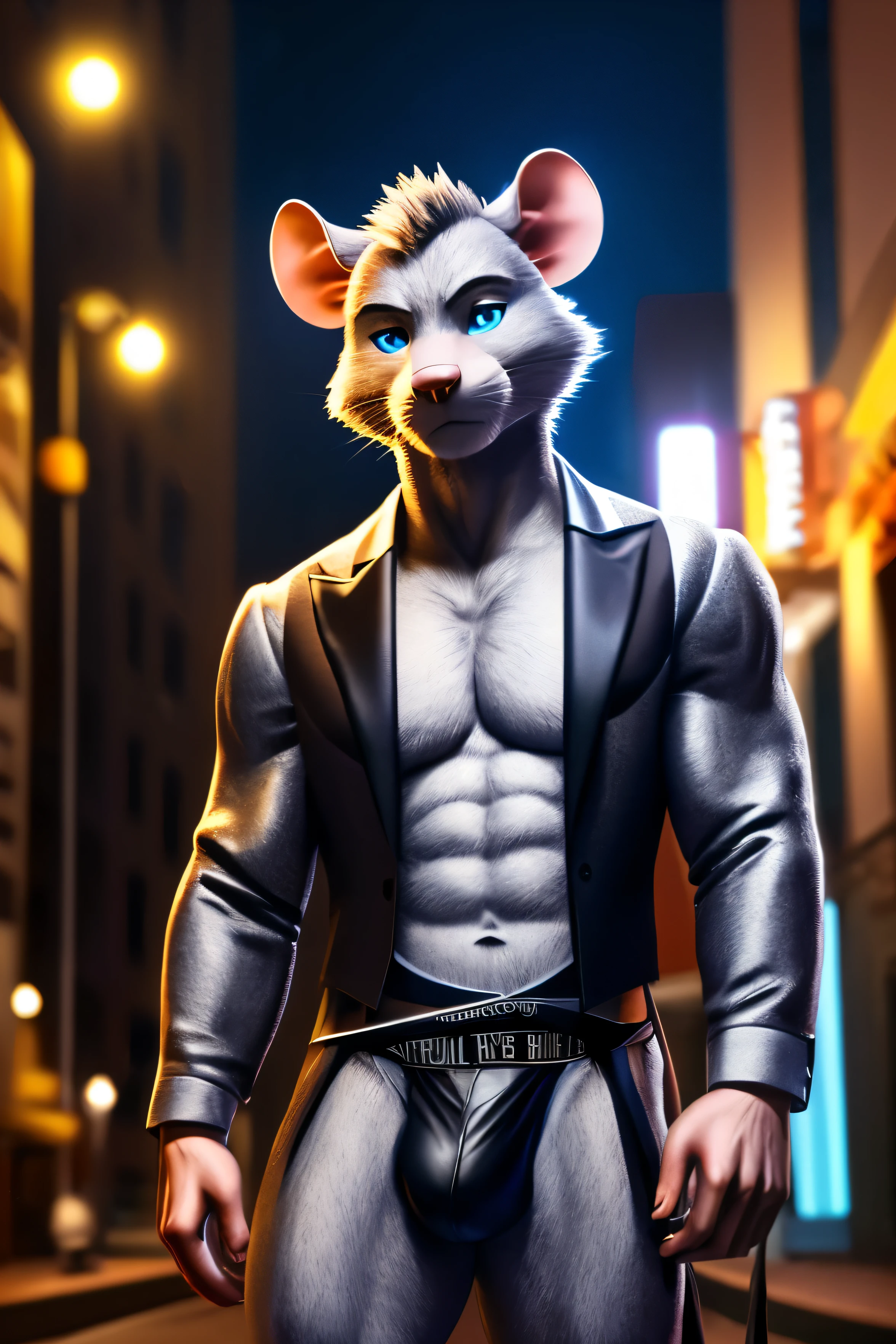 A Mouse in suit male muscular fursuit alone in the dark street blue eyes looking at camera wearing a Lead Jockstrap adult 22 years old silver fur Hollywood cinematic style in 3D live action ultra realistic HDR 8K