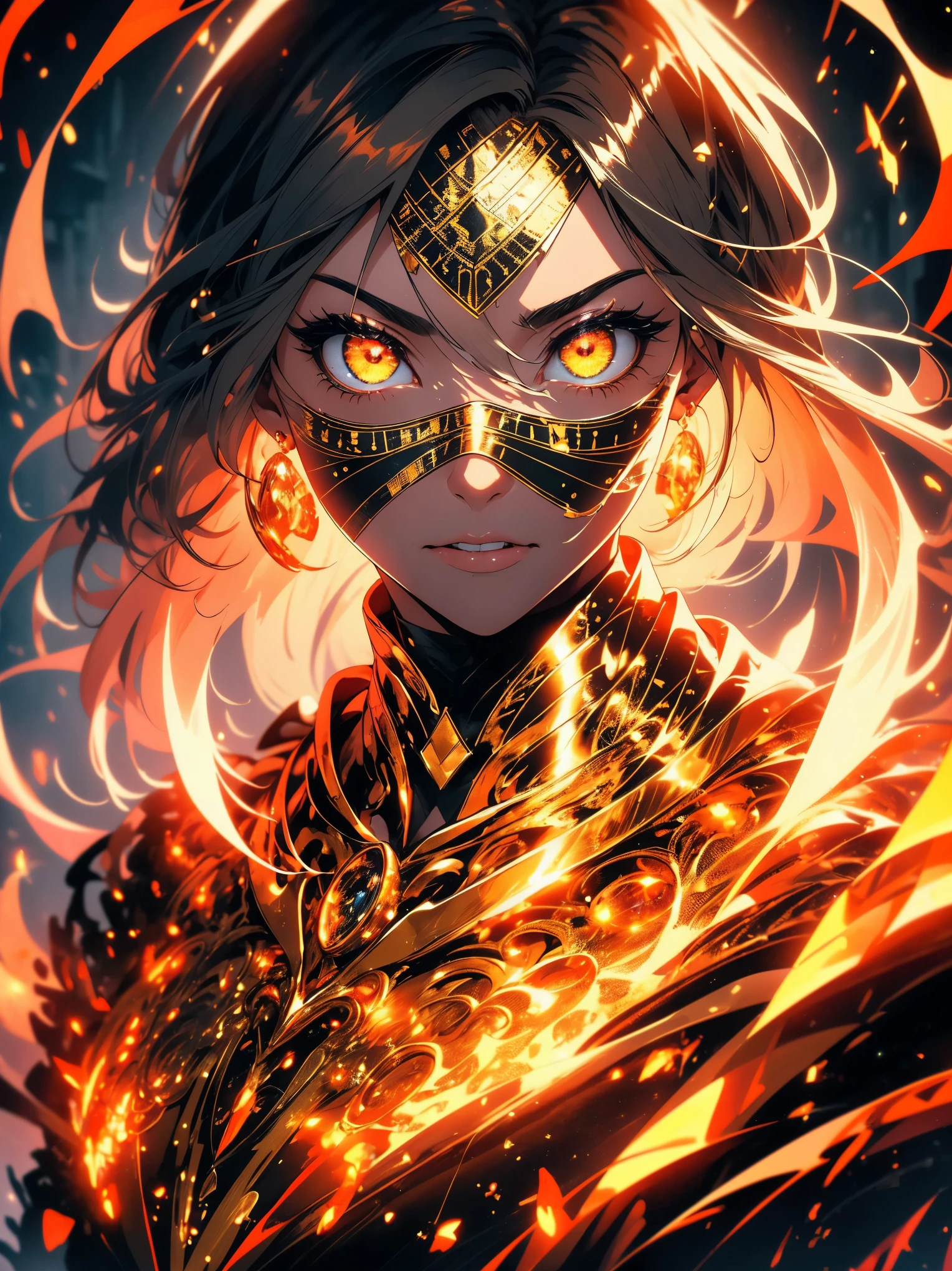 "(best quality,highres),close-up of a mummy's face,covered in bandages with golden hieroglyphics,(detailed:1.1),(vivid and intense colors:1.1),(realistic:1.1) graphic art style,terrifying,eye sockets with glowing golden eyes,detailed wrinkles, dark circles under the eyes"