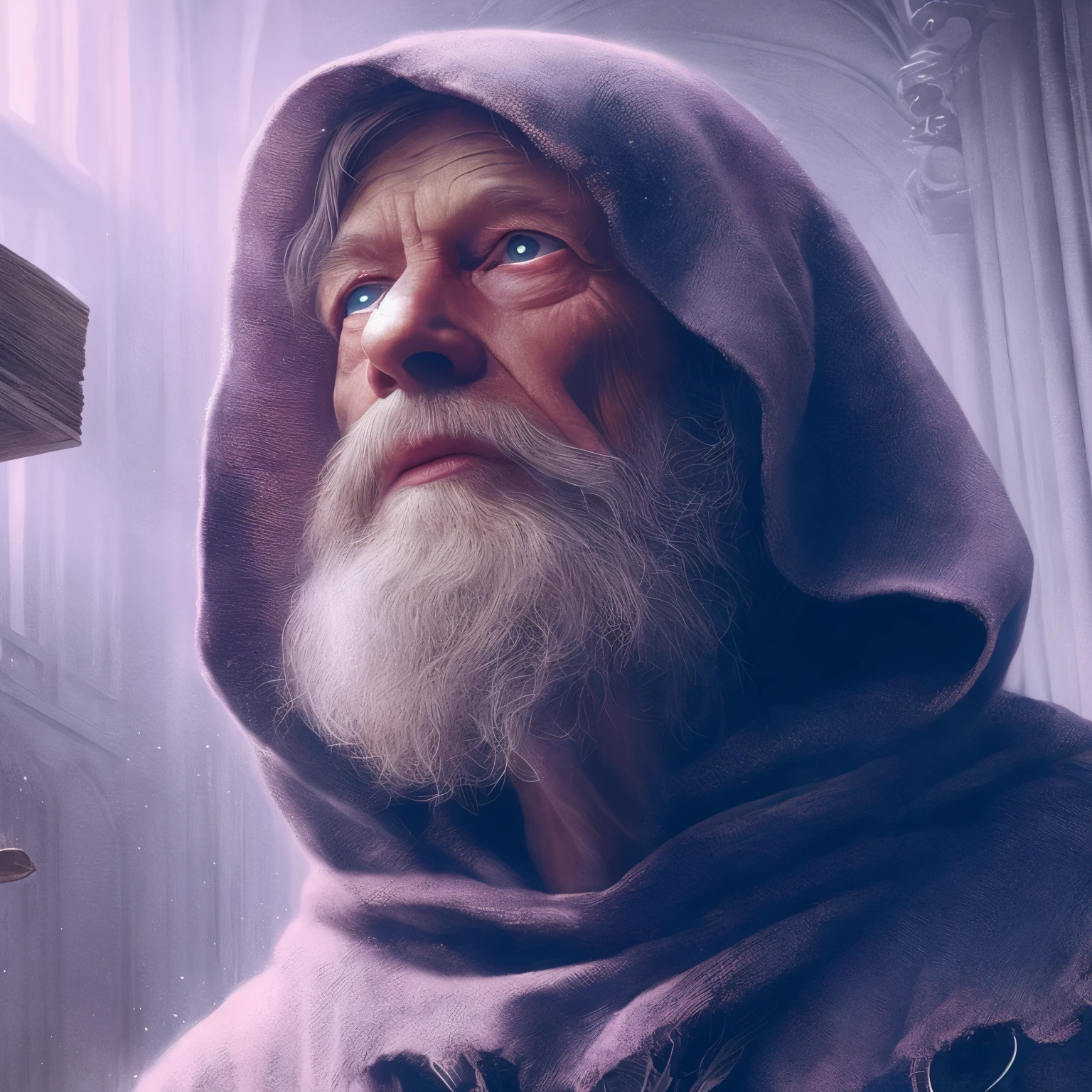 there is a man with a beard and a hood on, portrait of merlin, wise old man, old jedi master, beeple and jean giraud, portrait of gandalf, beeple and tim hildebrandt, beeple. hyperrealism, by Johfra Bosschart, obi wan kenobi, by László Balogh