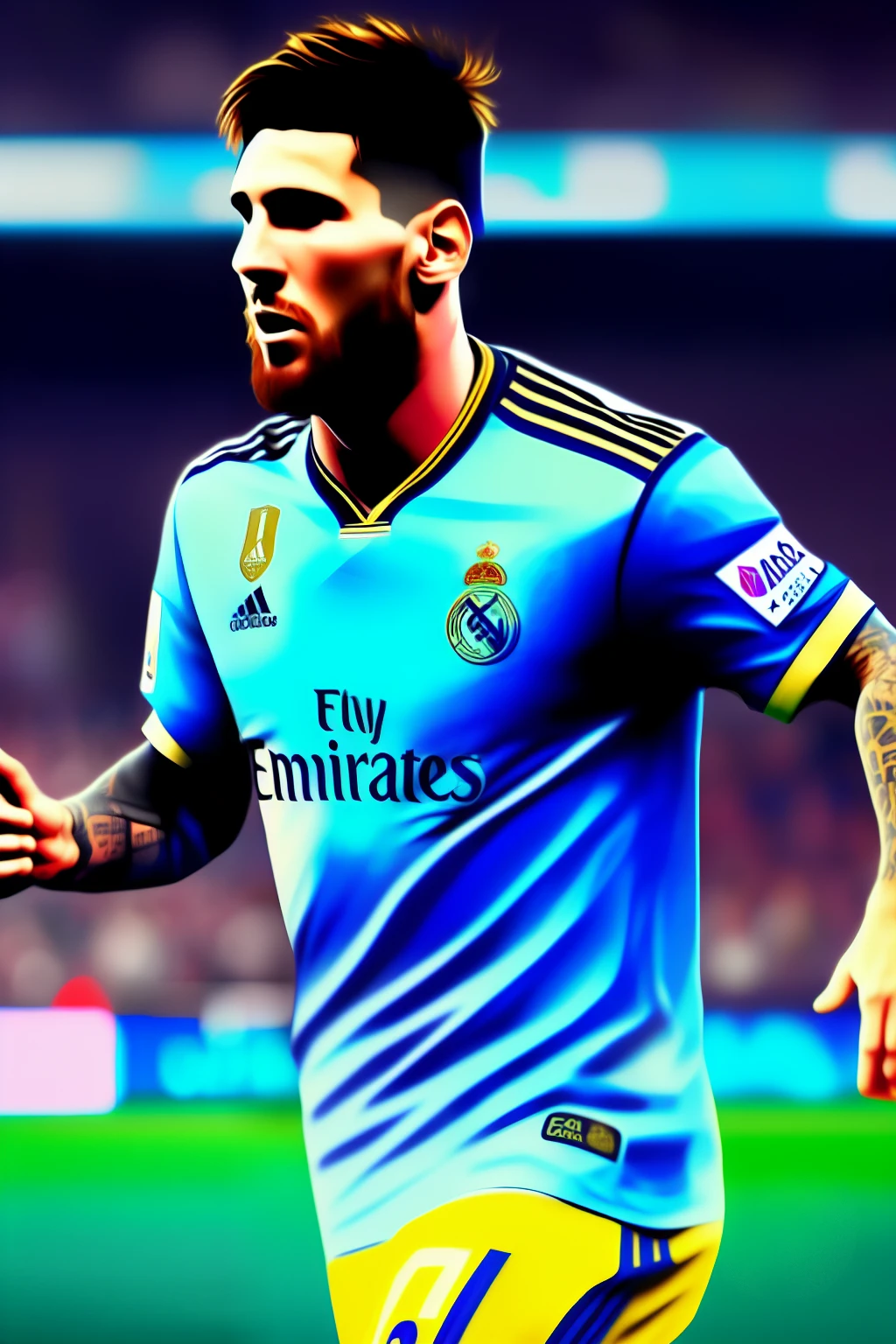 Leonel Messi com camisa do Real Madrid, (Estilo Pixar) (obra de arte:1.2) (Bokeh) (Melhor qualidade) (couro detalhado) (textura detalhada) (8k) (argila) (cinematic lighting) (sharp focus)