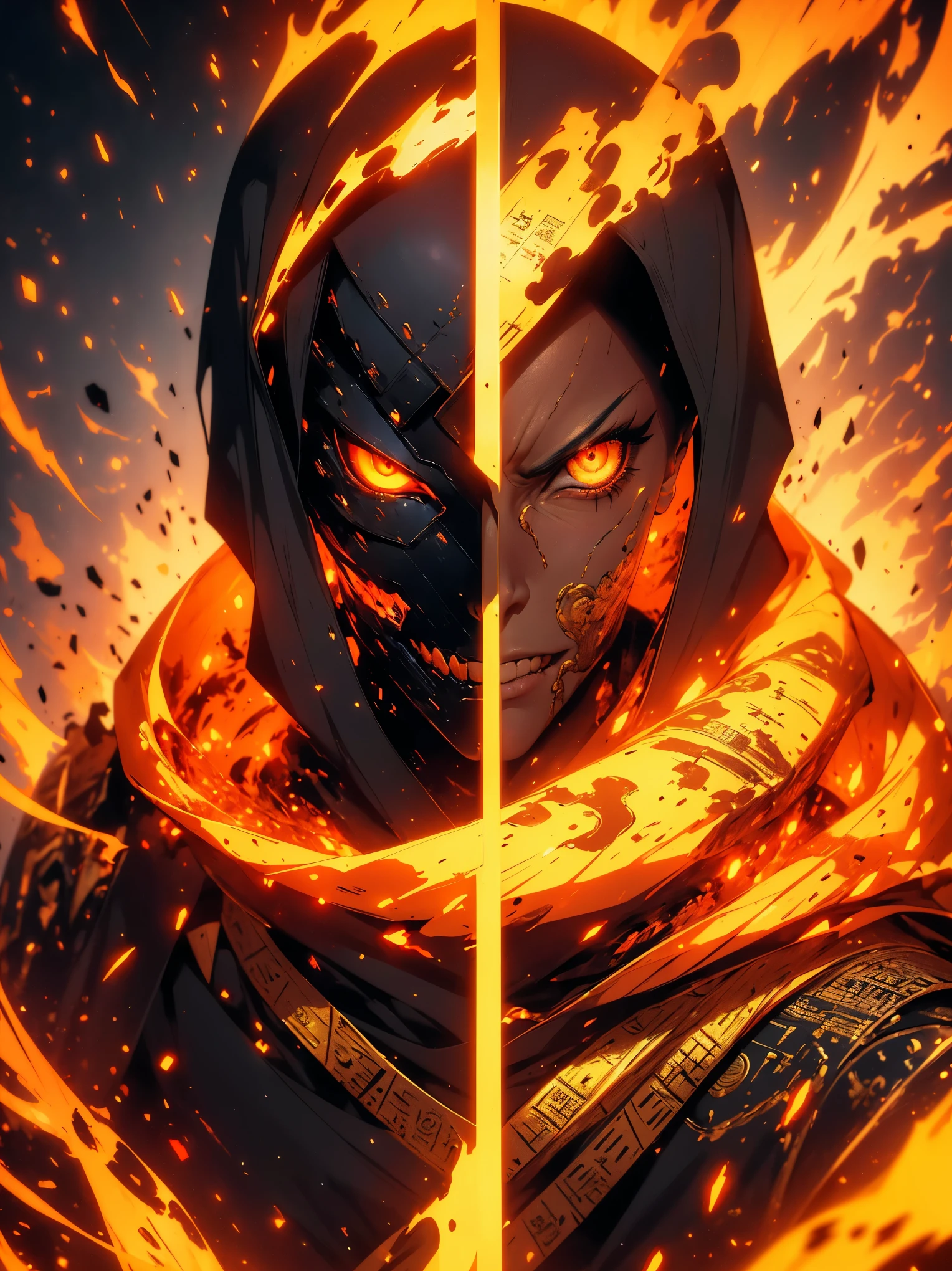 "(best quality,highres),close-up of a mummy's face,covered in bandages with golden hieroglyphics,(detailed:1.1),(vivid and intense colors:1.1),(realistic:1.1) graphic art style,terrifying,eye sockets with glowing golden eyes,detailed wrinkles, dark circles under the eyes"