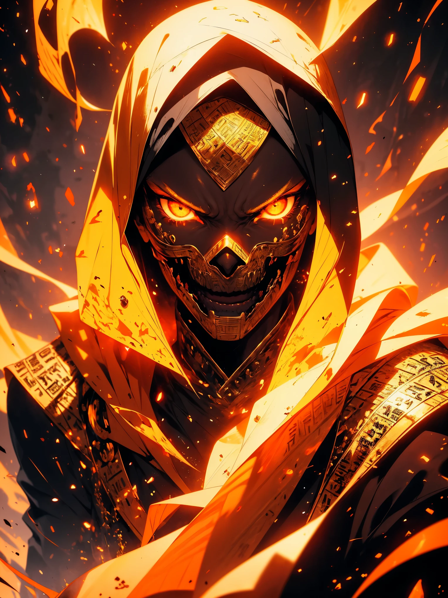 "(best quality,highres),close-up of a mummy's face,covered in bandages with golden hieroglyphics,(detailed:1.1),(vivid and intense colors:1.1),(realistic:1.1) graphic art style,terrifying,eye sockets with glowing golden eyes,detailed wrinkles, dark circles under the eyes"