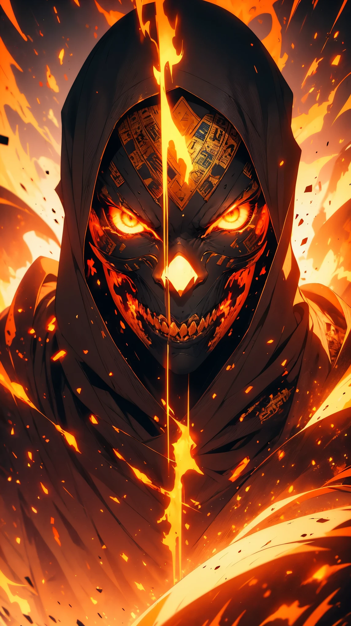 "(best quality,highres),close-up of a mummy's face,covered in bandages with golden hieroglyphics,(detailed:1.1),(vivid and intense colors:1.1),(realistic:1.1) graphic art style,terrifying,eye sockets with glowing golden eyes,detailed wrinkles, dark circles under the eyes"