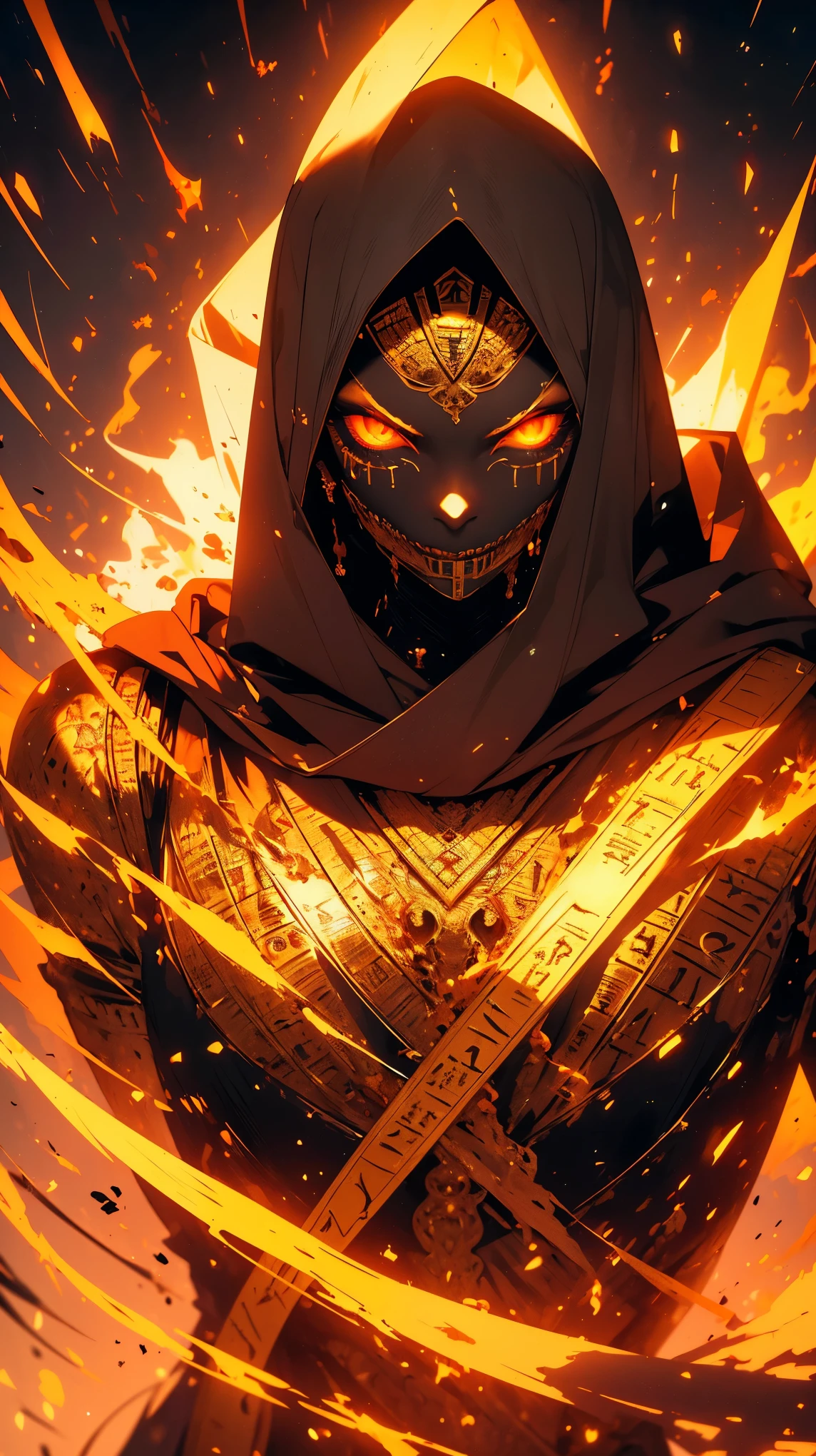 "(best quality,highres),close-up of a mummy's face,covered in bandages with golden hieroglyphics,(detailed:1.1),(vivid and intense colors:1.1),(realistic:1.1) graphic art style,terrifying,eye sockets with glowing golden eyes,detailed wrinkles, dark circles under the eyes"