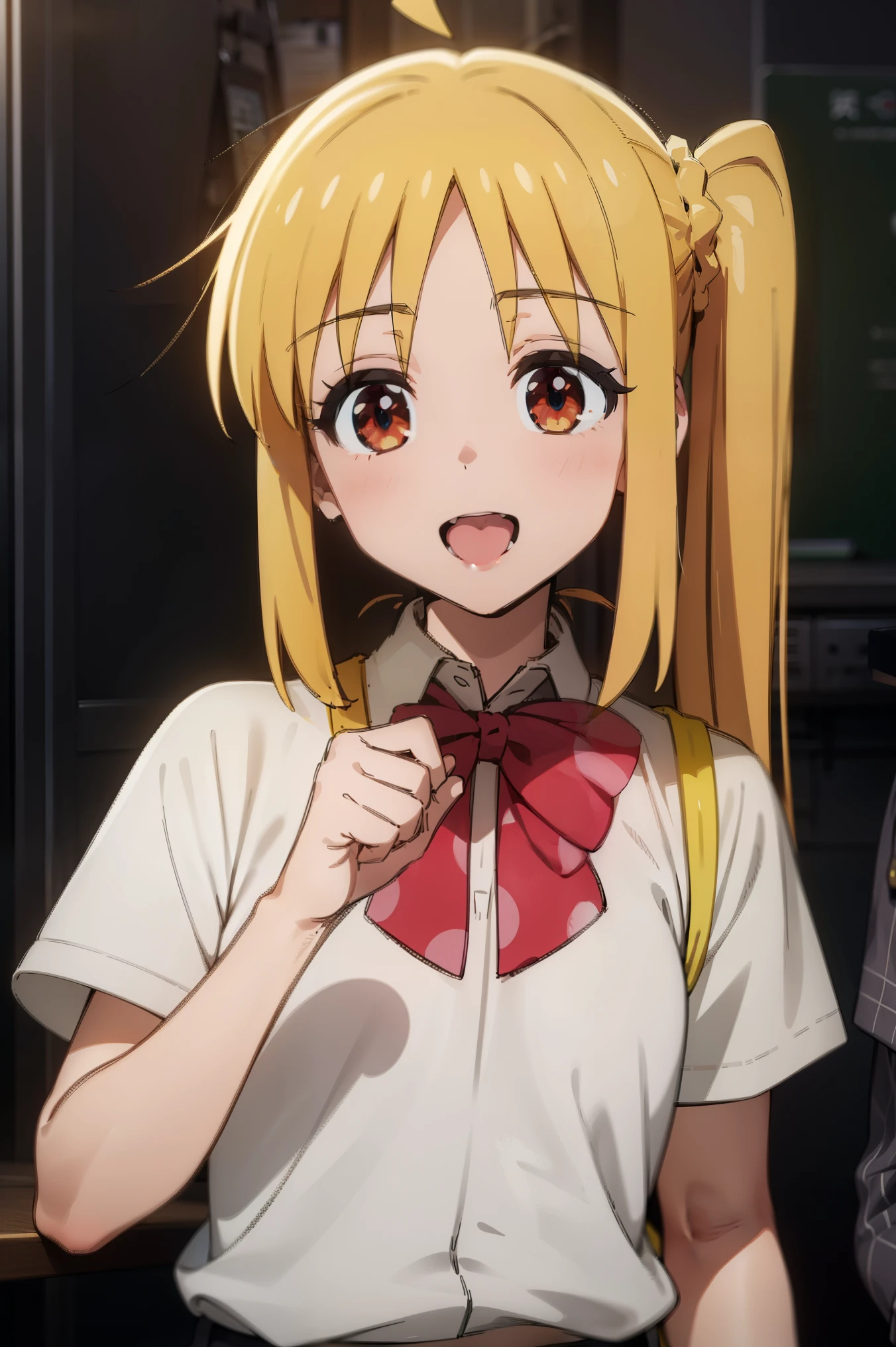 score_7_up, source_anime,1girl, Eft_Bocchi_Yellow, ijichi nijika, 1girl, solo, blonde hair, side ponytail,long hair, ahoge, shirt, bow, red eyes,
BREAK (bow, Red_bow,collaRed_shirt,shirt, white_shirt:1.2)
BREAK smile, looking at viewer, open mouth,  :d, 
BREAK Class Room
BREAK (masterpiece:1.2), best quality, high resolution, unity 8k wallpaper,NSFW ,(illustration:0.8), (beautiful detailed eyes:1.6), extremely detailed face, perfect lighting, extremely detailed CG, (perfect hands, perfect anatomy),