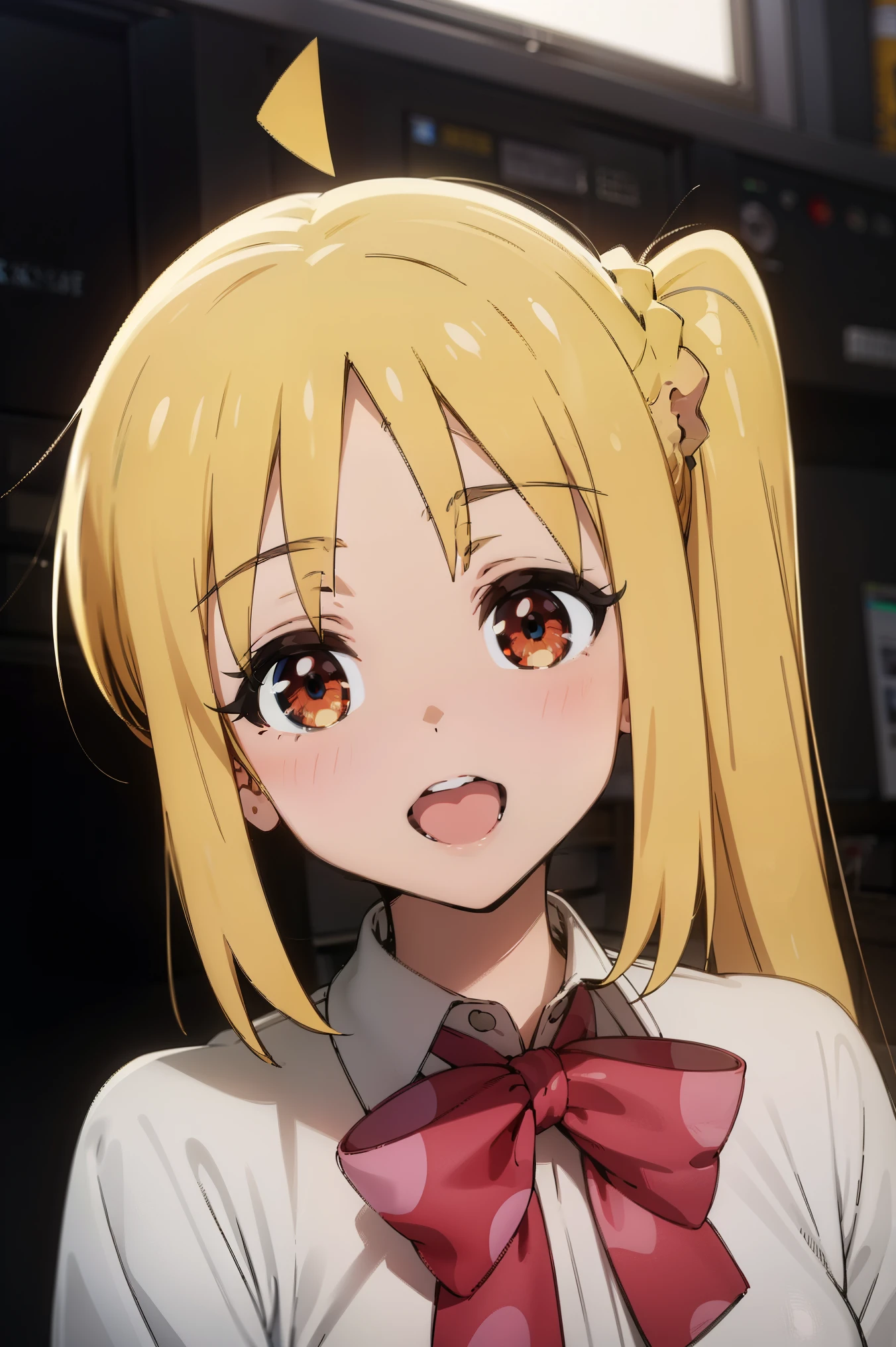 score_7_up, source_anime,1girl, Eft_Bocchi_Yellow, ijichi nijika, 1girl, solo, blonde hair, side ponytail,long hair, ahoge, shirt, bow, red eyes,
BREAK (bow, Red_bow,collaRed_shirt,shirt, white_shirt:1.2)
BREAK smile, looking at viewer, open mouth,  :d, 
BREAK Class Room
BREAK (masterpiece:1.2), best quality, high resolution, unity 8k wallpaper,NSFW ,(illustration:0.8), (beautiful detailed eyes:1.6), extremely detailed face, perfect lighting, extremely detailed CG, (perfect hands, perfect anatomy),