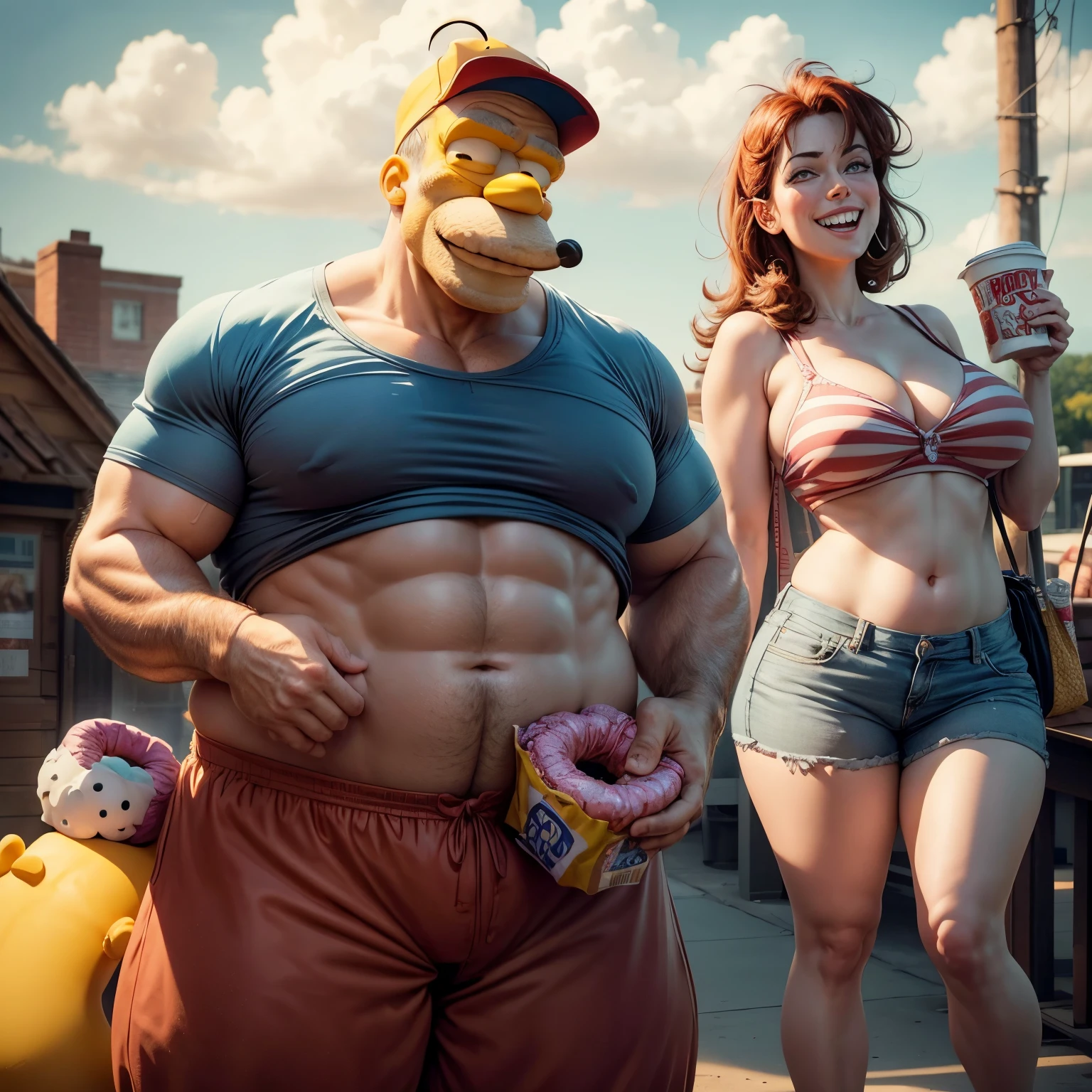 Homer Simpson, with his iconic bulgebelly, munching on a one pièce bag of donuts, a grin spreading across his face as he glances at Marge, who disapprovingly shakes her head. Nearby, an energetic Monkey D. Luffy, fully loaded with donuts stuffed in his mouth and pockets, laughing boisterously while planning his next adventure.