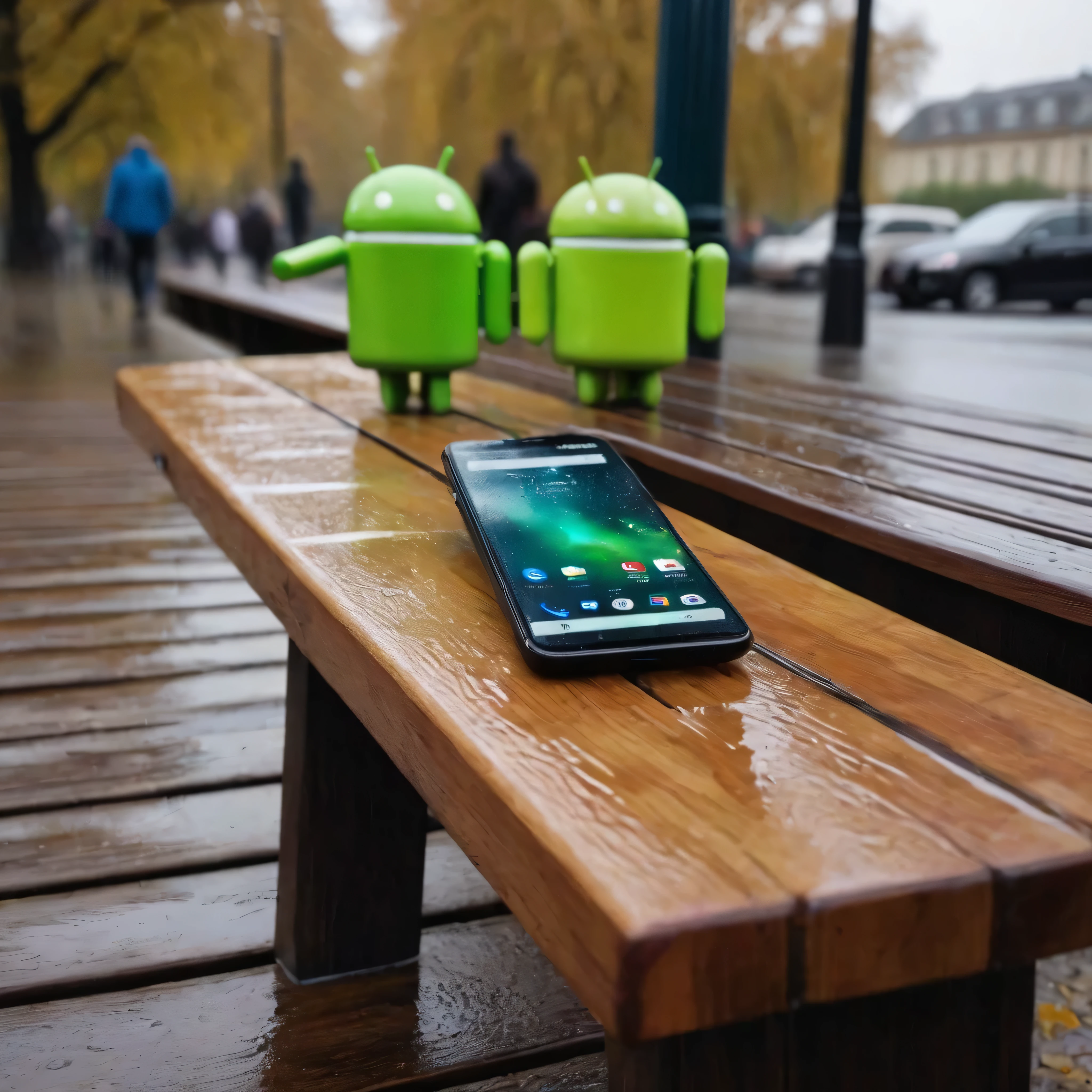 android phone iPhone hybrid epic realism on a wooden bench in the rain