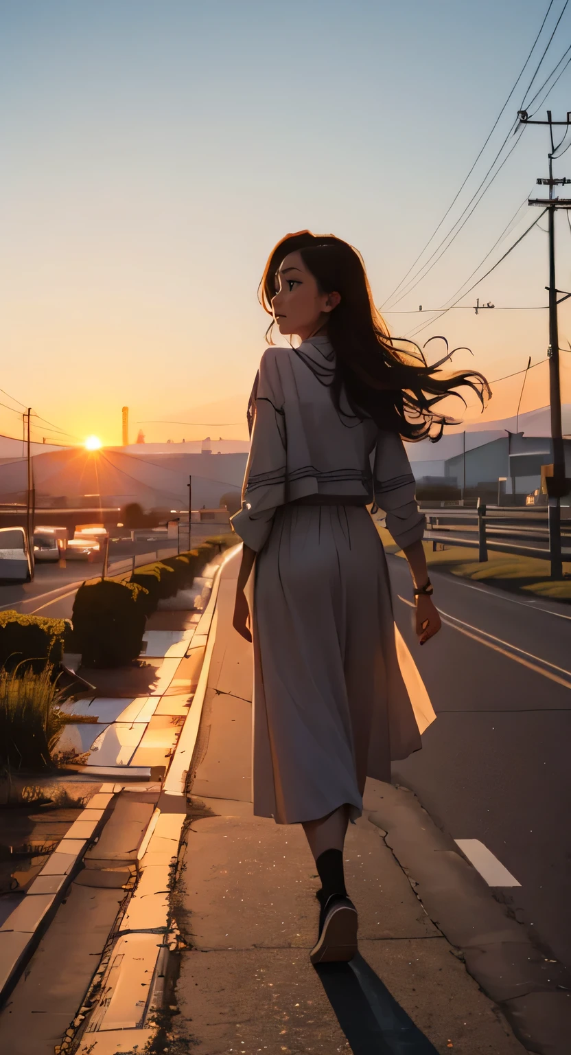 Araped woman with long hair walking down the street at sunset, style of Alena Anami, Ahead of sunset, beautiful girl on the horizon, Walking away from the camera, Walking away from the camera, at sunset, at sunset Turn your head 뒤돌아 보는 소녀((Turn your head)), artistic. Alena Anami, Alena Anami(Alena Anami)inspired work, Taken during golden hour, watching the sunset