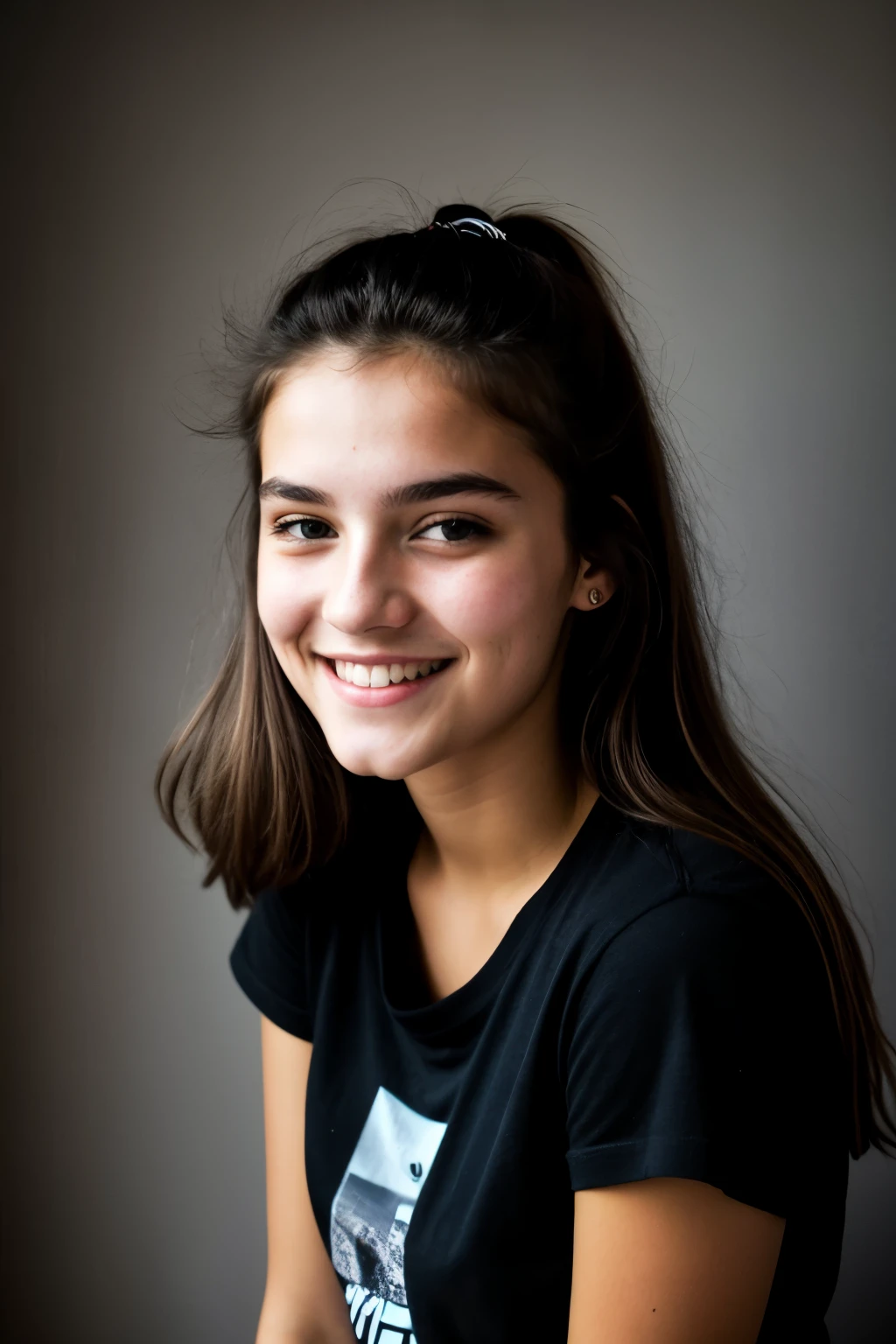 Photo brute, visage portrait photo d'une belle .oh woman, visage mignon, porter un t-shirt ample noir, happy face, ombres dures, cinematic plan, dramatic lighting