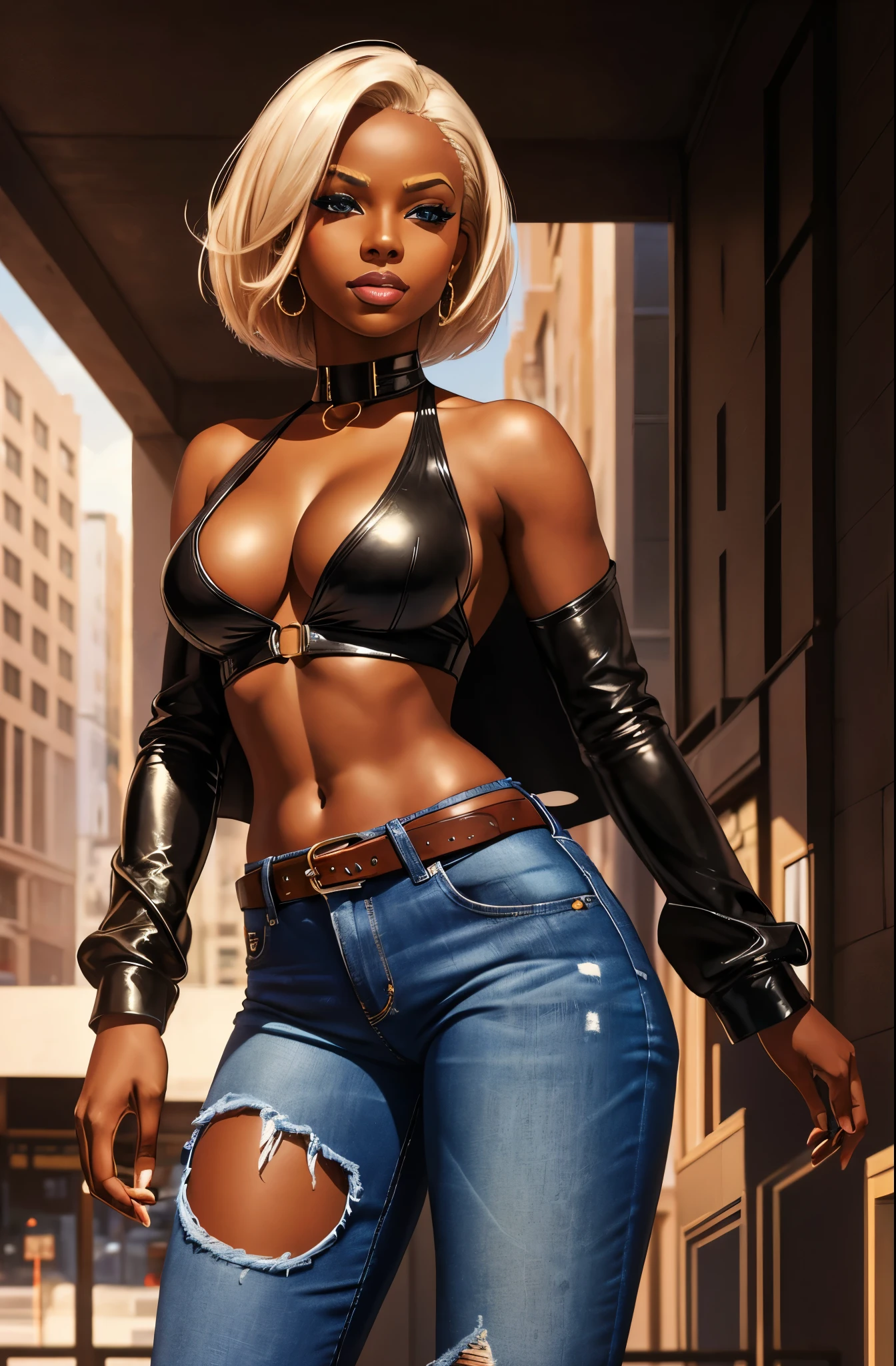 (highres:1.2),gorgeous woman,short platinum blonde hair,(realistic:1.37),detailed eyes,perfectly defined eyebrows,beautiful detailed lips,chocolate skin,radiant smile,striking beauty,underboob,revealing ragged white tank-top,perfectly toned body,confidence in her demeanor,fierce and alluring look,cutoff blue jeans hotpants,accentuating her curves and long legs,(vivid colors:1.1),thigh high black leather boots,adding a touch of edgy style,posing with elegance and grace,photoshoot in a vibrant urban setting,playing with light and shadow to create depth and drama,soft sunlight illuminating her face,casting a beautiful glow on her skin,(portrait:1.1),capturing her captivating presence and empowering spirit