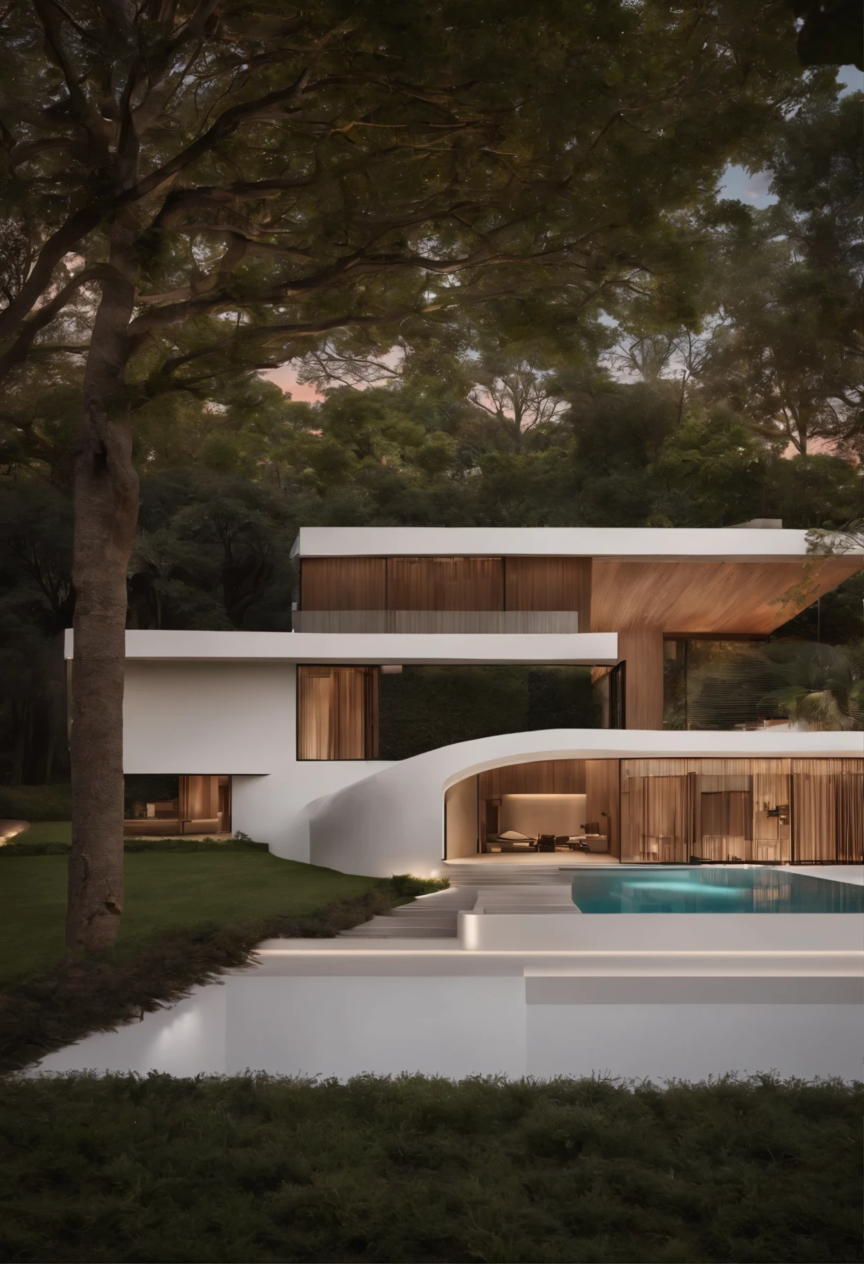 Realistic photograph of a facade of a high-end mansion, vista de frente, with contemporary modern architecture with curves, uma mistura de concreto e madeira, foto feita no fim de tarde, iluminacao da casa em 3000k, com garagem aberta, com um carro esportivo na garagem, um jardim na frente, projetada por um arquiteto minimalista