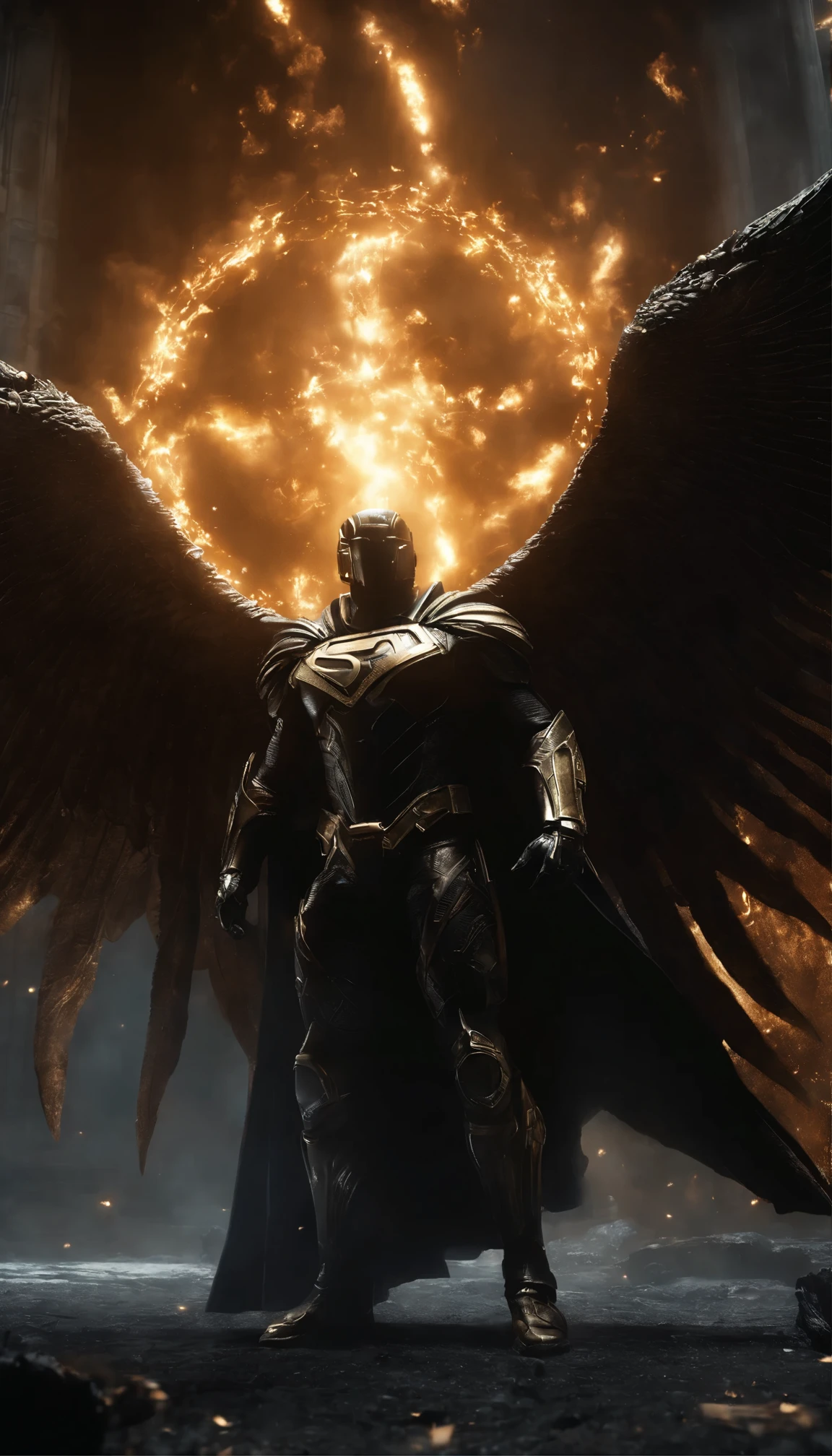 Golden crusader DC SUPERMAN fallen angel with big dragon wings coming from a portal, the path of gold, ascending flame,black hole sun, dark matter, extreme action poses, void ascii and matrix binary art, lovecraftian cosmic horror, (helldivers in the style of warhammer , doom eternal, elden ring ,dark souls, bloodborne),Industrial Light & Magic and wetafx vfx, sfumato and chiaroscuro photography by AGSI / Artificial Ghost in the Shell Intelligence, Roger Deakins Cinematography, directed by Ridley Scott and Denis Villeneuve