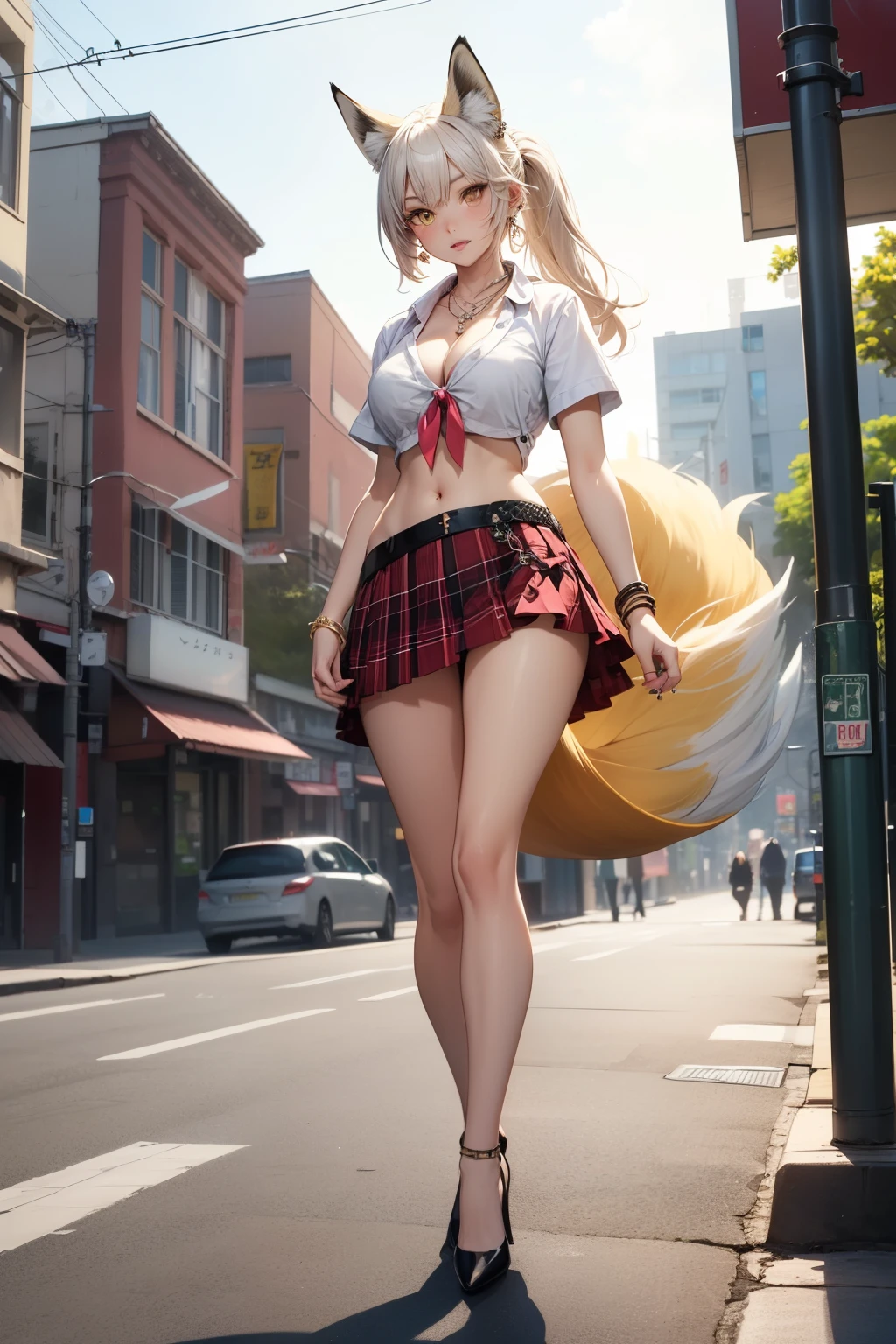 (best quality, 4k, 8k, highres, masterpiece:1.2), ultra-detailed, detailed face, detailed lips and eyes, expressive face, realistic, BREAK BLARKY beautiful caucasian woman with very long straight white hair, (yellow eyes:1.4), fair skin, fox girl, animal ear fluff, animal ears, extra ears, fox ears, (fox tail:1.5), bangs, hair between eyes, long sidelocks, large breasts, (-year-oheigh62 cm), BREAK (red and white theme:1.4), (sexy school uniform:1.2), ((girly fashion, punk style):1.2), (close-fitting ultra low rise (red [[plaid pattern]] pleated skirt) cut in half vertically with extremely small fabric area:1.4), ((shallow, ultra low rise, pull down skirt):1.2), (bare (hip bone, lower abdomen, lower belly, lower buttocks, upper thigh):1.4),
BREAK (plain white theme:1.3), (short sleeve front tie plain white collared-shirt:1.4), ((bare stomach, navel, collarbone, emphasize breast cleavage):1.4), (white (eyelet belt, grommet belt):1.3), 
BREAK ((earrings, necklace, bangles):1.2), (pumps with heels:1.2),
BREAK (solo:1.2), arrogant caring slightly shy and slutty expression, detailed perfect face, detailed perfect fingers, (ponytail, flowing hair, wind:1.4), intense blushing, open mouth, perfect hands, rosy cheeks, smiling face, beautiful eyes, attractive eyes,
BREAK master background, in front of convenience store, outdoors, daytime, many girls in gyaru fashion in the background, slightly blurred background, (full body:1.3), walking, sunshine