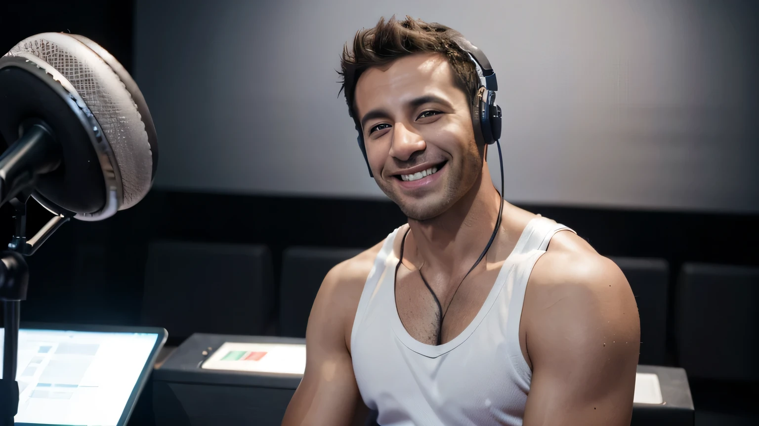 arafed man with headphones sitting in front of a microphone, he is smiling, sitting in front of a microphone, smiling male, taking control while smiling, mid-shot of a hunky, in a white tank top singing, smiling seductively, beautiful and smiling, studio shot, with a seductive smile, smiling slightly, on a dark background