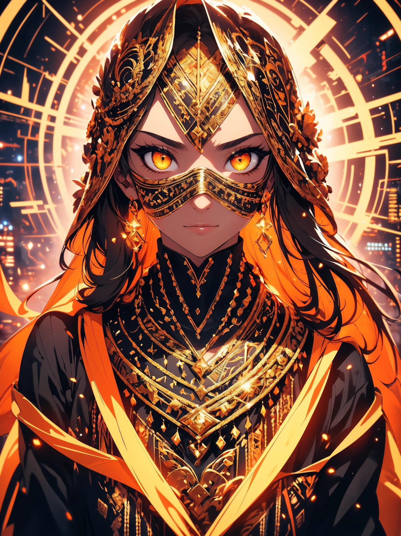 "(best quality,highres),close-up of a mummy's face,covered in bandages with golden hieroglyphics,(detailed:1.1),(vivid and intense colors:1.1),(realistic:1.1) graphic art style,terrifying,eye sockets with glowing golden eyes,detailed wrinkles, dark circles under the eyes"