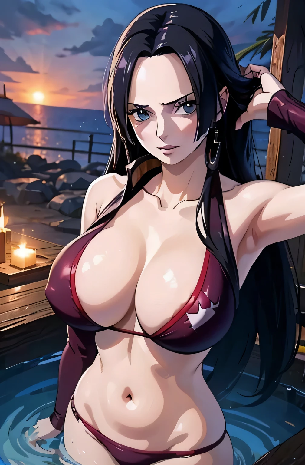 1 girl, mysterious, glowing eyes,  Extreme detail expression, Glossy metal, dynamic angle, detailed light, dramatic_shadow, ray_tracing, reflection,Raw, cinematic shot, (sharp focus:1.5), (photorealistic:1.2), twilight lighting, volumetric lighting, ultra high res, 16K,dramatic lighting, Huge Breasts, Large Breasts, full body, full frame, Bikini, at beach, wearing red bikini 