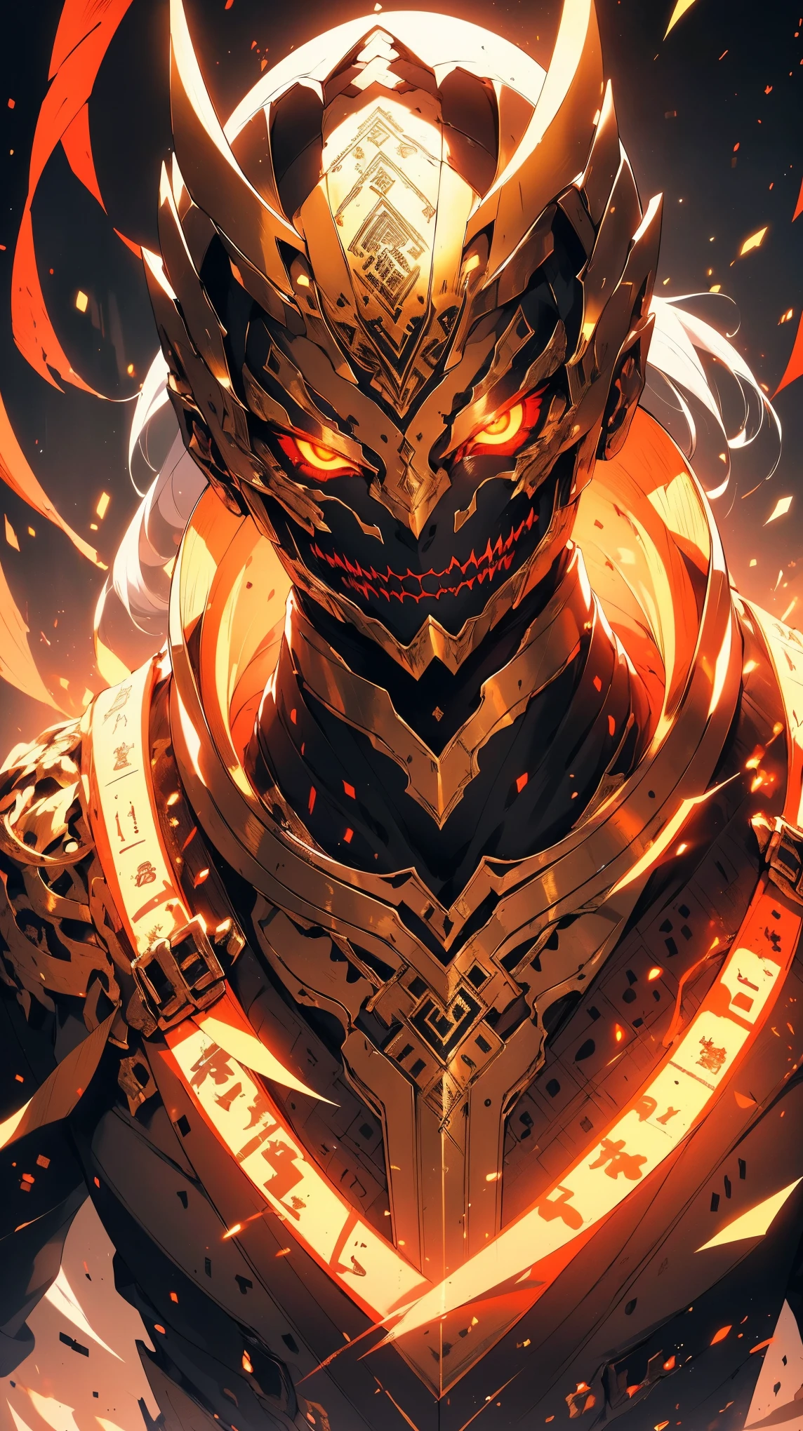 "(best quality,highres),close-up of a mummy's face,covered in bandages with golden hieroglyphics,(detailed:1.1),(vivid and intense colors:1.1),(realistic:1.1) graphic art style,terrifying,eye sockets with glowing golden eyes,detailed wrinkles, dark circles under the eyes"