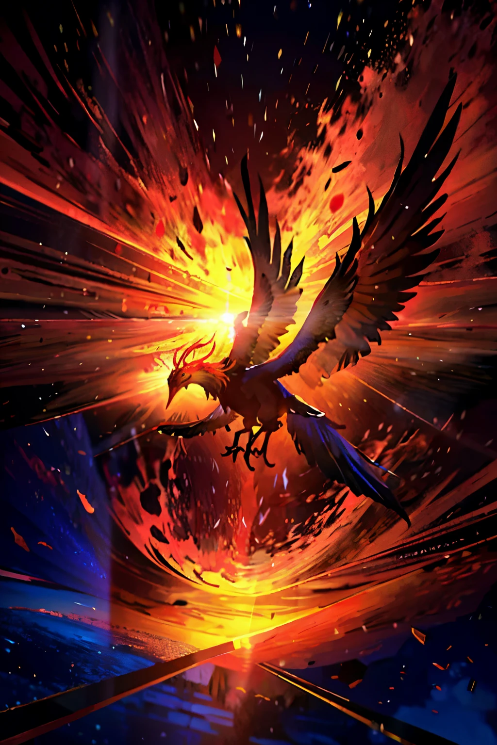 A massive Phoenix, with its fiery plumage spread wide, takes off majestically towards the breathtaking sunset. The sun's rays cast a warm, golden hue over its grand wings, illuminating every intricate feather in high detail. The depth of field captures the Phoenix's impressive size against the backdrop of the expansive, vivid sky. The scene oozes an aesthetic beauty, with the vibrant oranges and reds of the sunset creating a magical atmosphere. The Phoenix's gaze is fixed on the horizon, its eyes expressing a sense of determination and grace. The image is a top-quality, masterpiece featuring the most insanely intricate details,