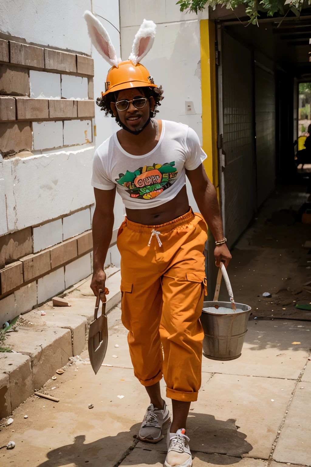 An Easter bunny dressed as a construction worker, usando uma camisa de alta visibilidade laranja e um cinto de ferramentas, carrying a shovel and a bucket full of colored chocolate eggs, ready to be distributed in Easter baskets.