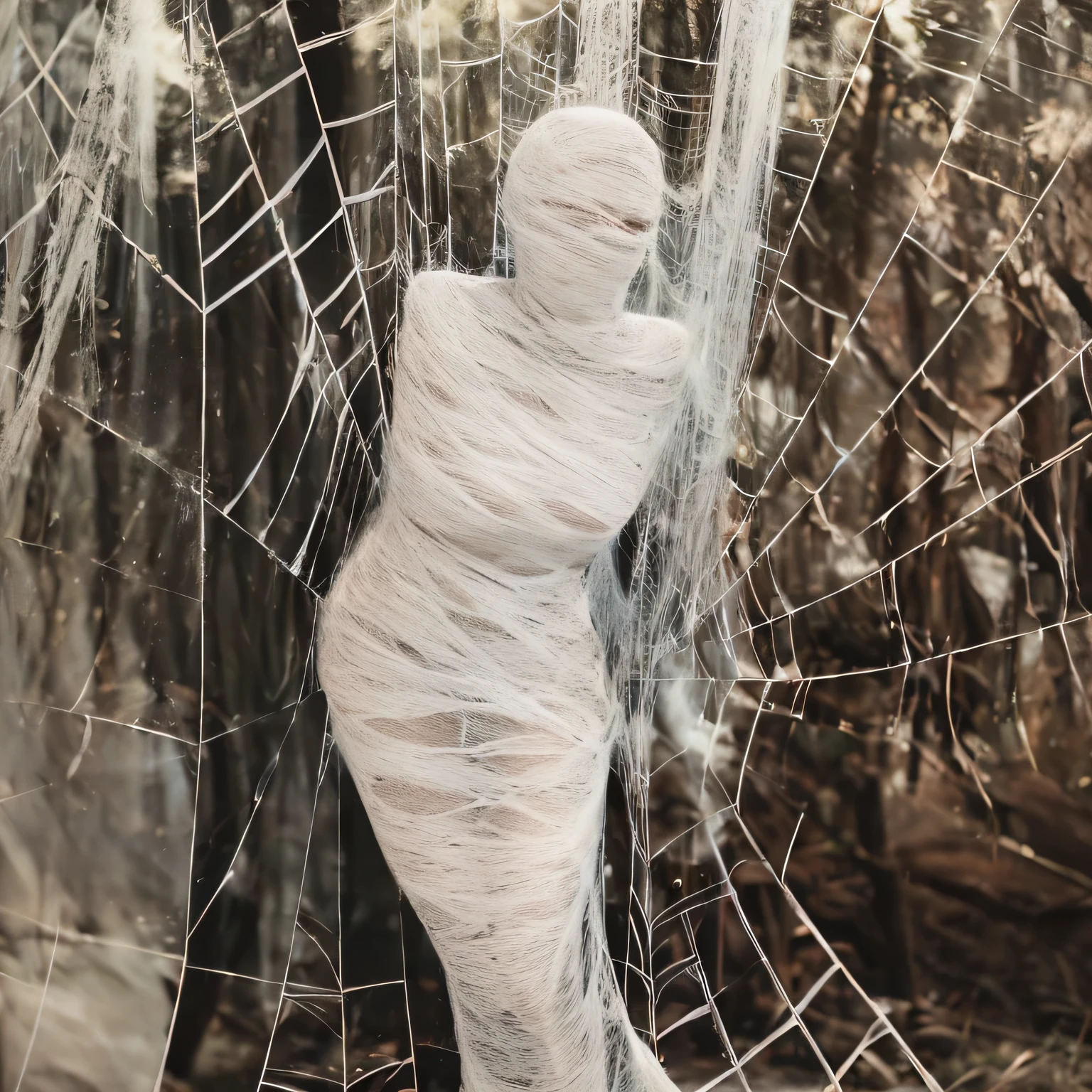 a girl entangled in the spider web, struggle, detailed classroom, (cocoon:1.3), spider web, hanging, spider in the web, spider