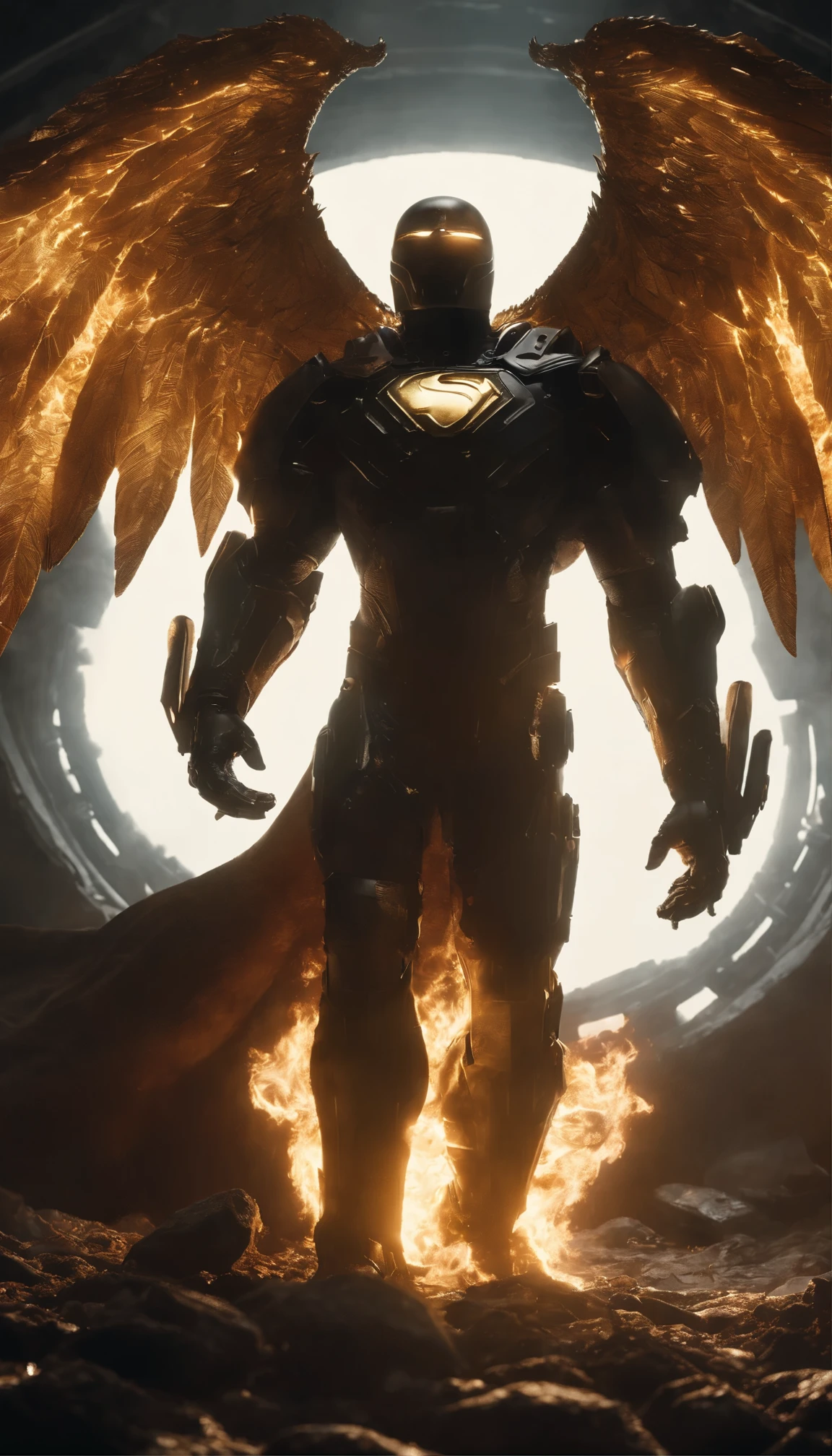 Golden crusader DC SUPERMAN fallen angel with big dragon wings coming from a portal, the path of gold, ascending flame,black hole sun, dark matter, extreme action poses, void ascii and matrix binary art, lovecraftian cosmic horror, (helldivers in the style of warhammer , doom eternal, elden ring ,dark souls, bloodborne),Industrial Light & Magic and wetafx vfx, sfumato and chiaroscuro photography by AGSI / Artificial Ghost in the Shell Intelligence, Roger Deakins Cinematography, directed by Ridley Scott and Denis Villeneuve
