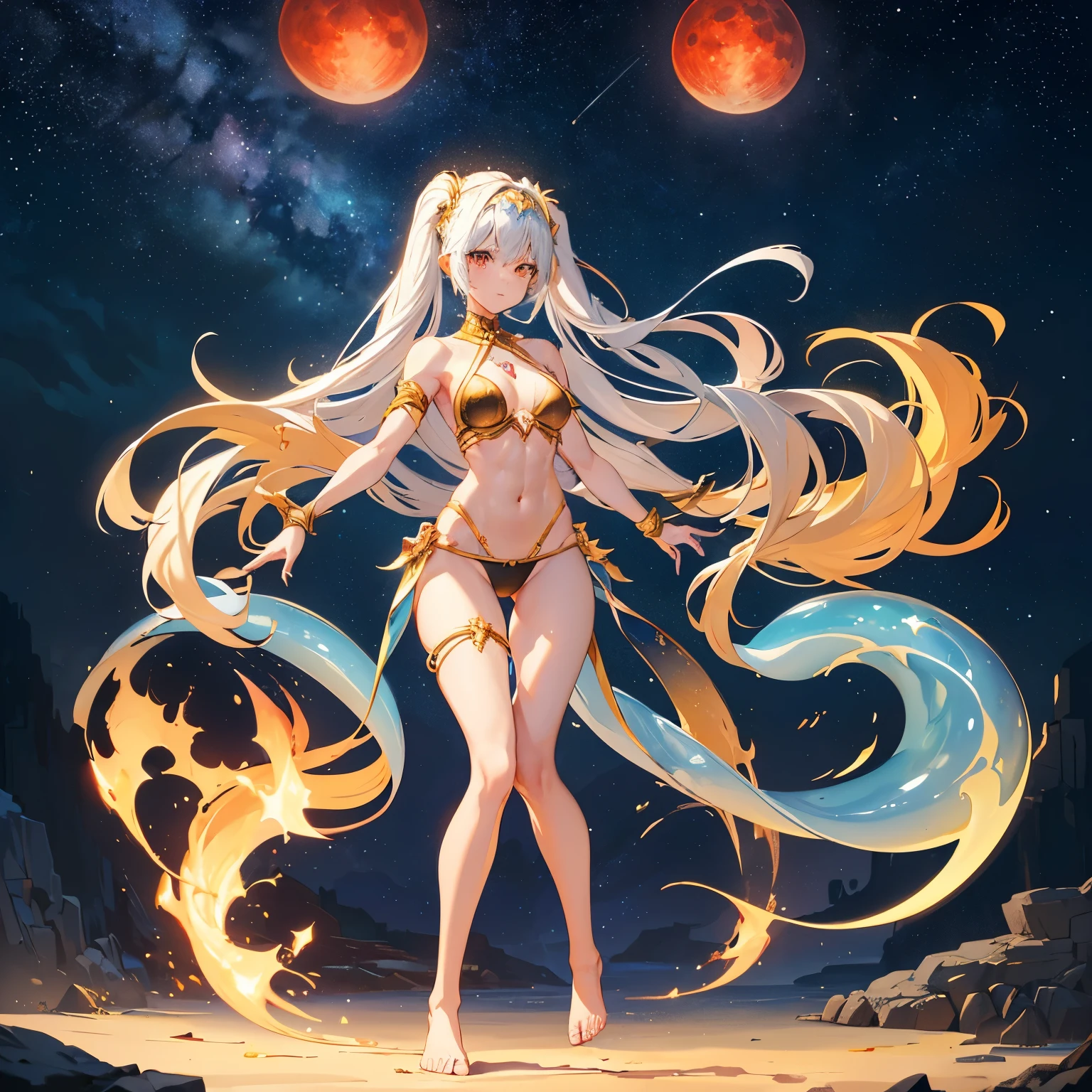 (1 girl), (((Velzard de tensei shitara slime datta ken))), She has fair skin, eyes the color of blue diamonds and long, shiny, pearl-white hair reaching down to her waist, (((she wears a blue pendant in the shape of a star and a golden headband))), (wears a very short black bikini), large breasts, thin arms, (muscular belly), (((muscular legs))),(standing) , (cold smile), slim waist, bare feet and very detailed, beautiful feet and well-shaped toes, (((night beach scenery with starry sky and blood moon in the sky))), twintails, empty eyes, empty eyes , empty eyes, eye reflection, glowing eyes, bad mood, anime, anime style, ray tracing, cinematic lighting, panorama, Sony FE, UHD, masterpiece, anatomically correct, super detail, high quality, best quality, high resolution, 16k