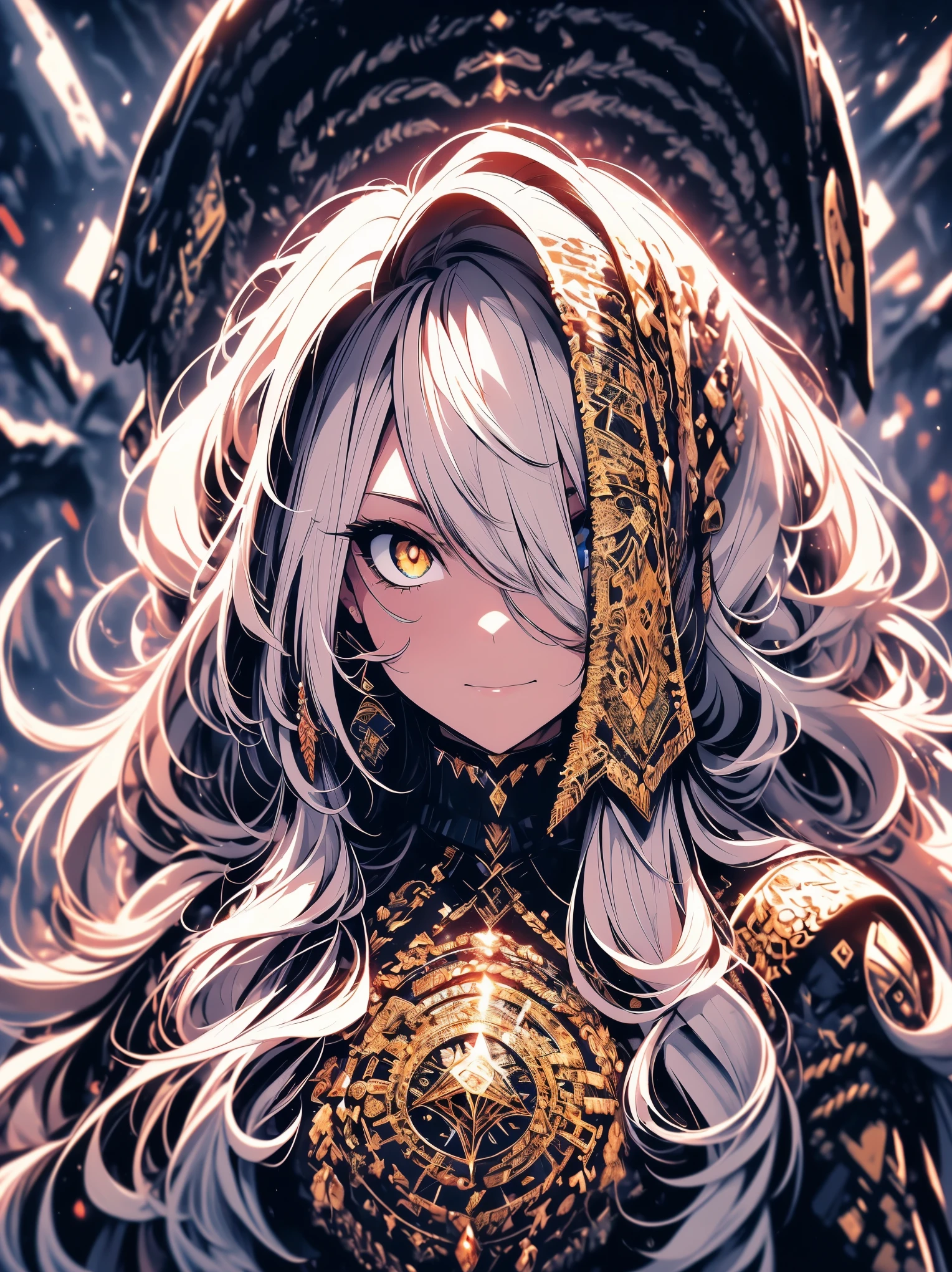 "(best quality,highres),close-up of a mummy's face,covered in bandages with golden hieroglyphics,(detailed:1.1),(vivid and intense colors:1.1),(realistic:1.1) graphic art style,terrifying,eye sockets with glowing golden eyes,detailed wrinkles, dark circles under the eyes"