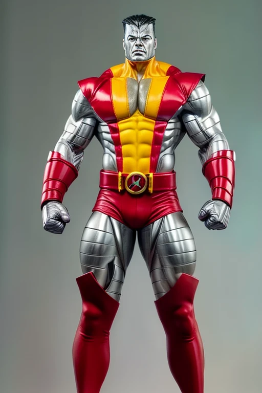 (masterpiece, best quality:1.2), (1man realistic, solo), black hair, (realistic colossus (x-men)), (((face colosus steel metal texture skin))), ((head metal steel)), (((no face texture human skin))), body steel skin, ((uniform colossus red and yellow)), red breeches, (red boots and gauntleds), (standing), plain gray background, masterpiece, HD high quality, 8K ultra high definition, ultra definition,