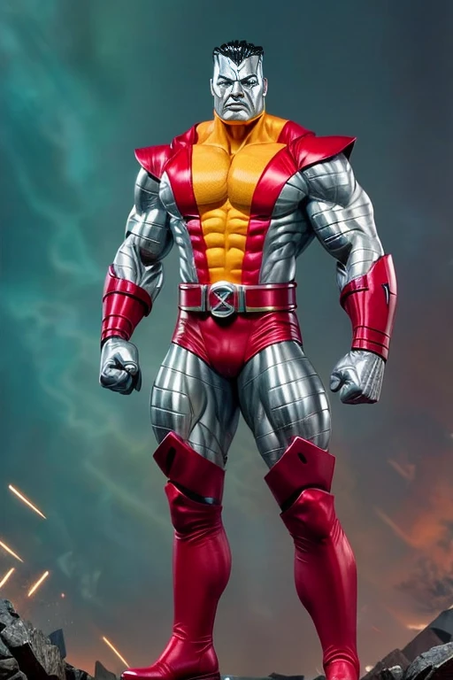 (masterpiece, best quality:1.2), (1man realistic, solo), black hair, (realistic colossus (x-men)), (((face colosus steel metal texture skin))), ((head metal steel)), (((no face texture human skin))), body steel skin, ((uniform colossus red and yellow)), red breeches, (red boots and gauntleds), (standing), plain gray background, masterpiece, HD high quality, 8K ultra high definition, ultra definition,